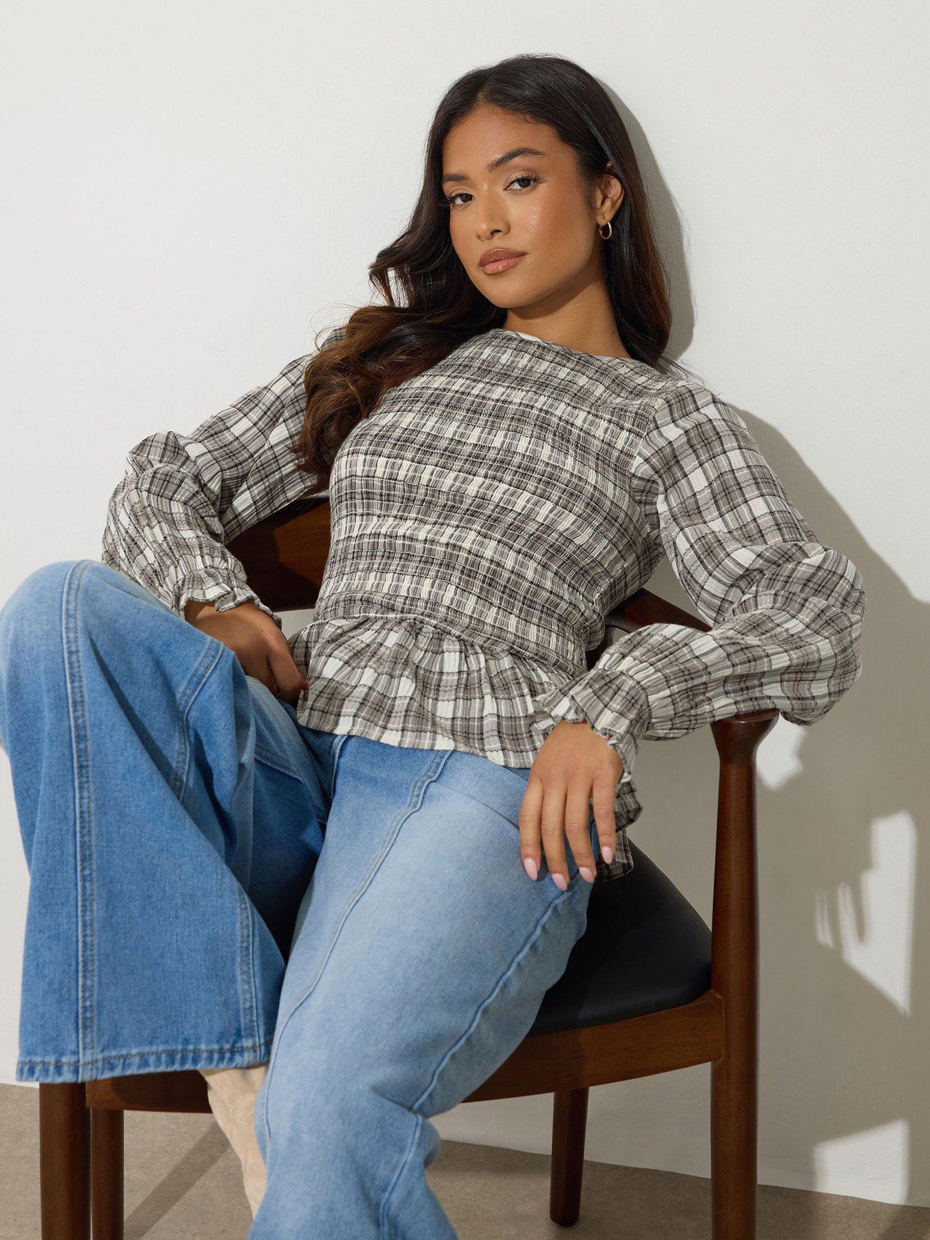pixiegirl-petite-check-shirred-long-sleeve-top-brownoutfit