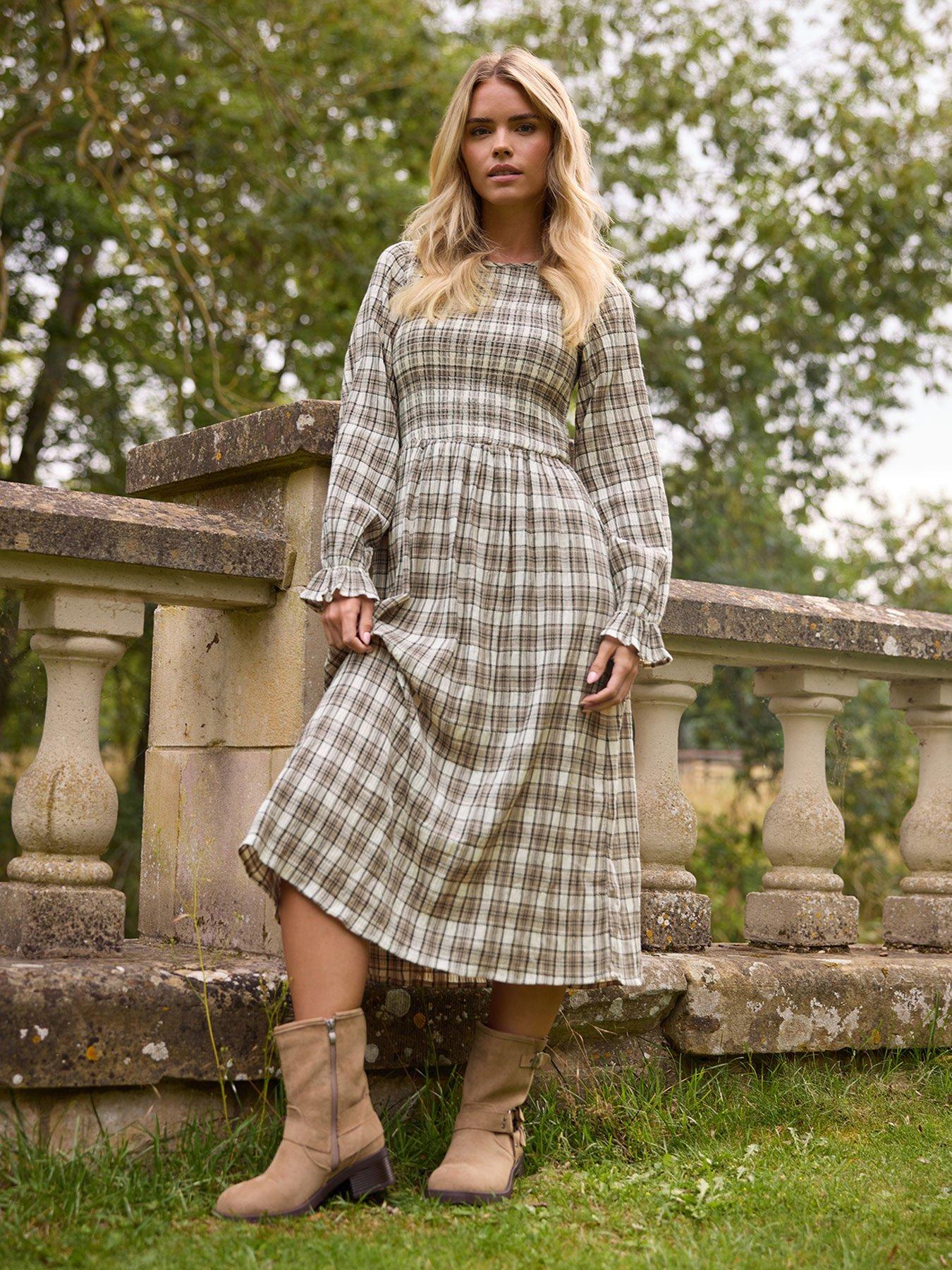 pixiegirl-petite-check-shirred-long-sleeve-midi-dress-brown