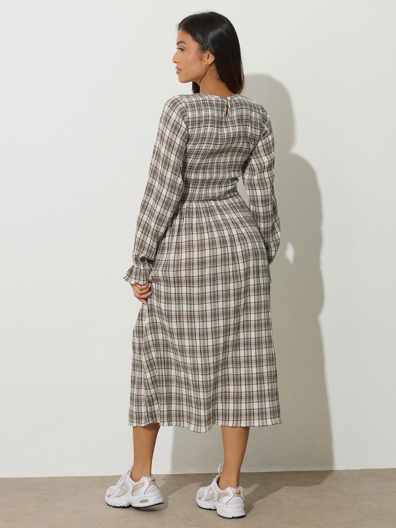 pixiegirl-petite-check-shirred-long-sleeve-midi-dress-brownstillFront