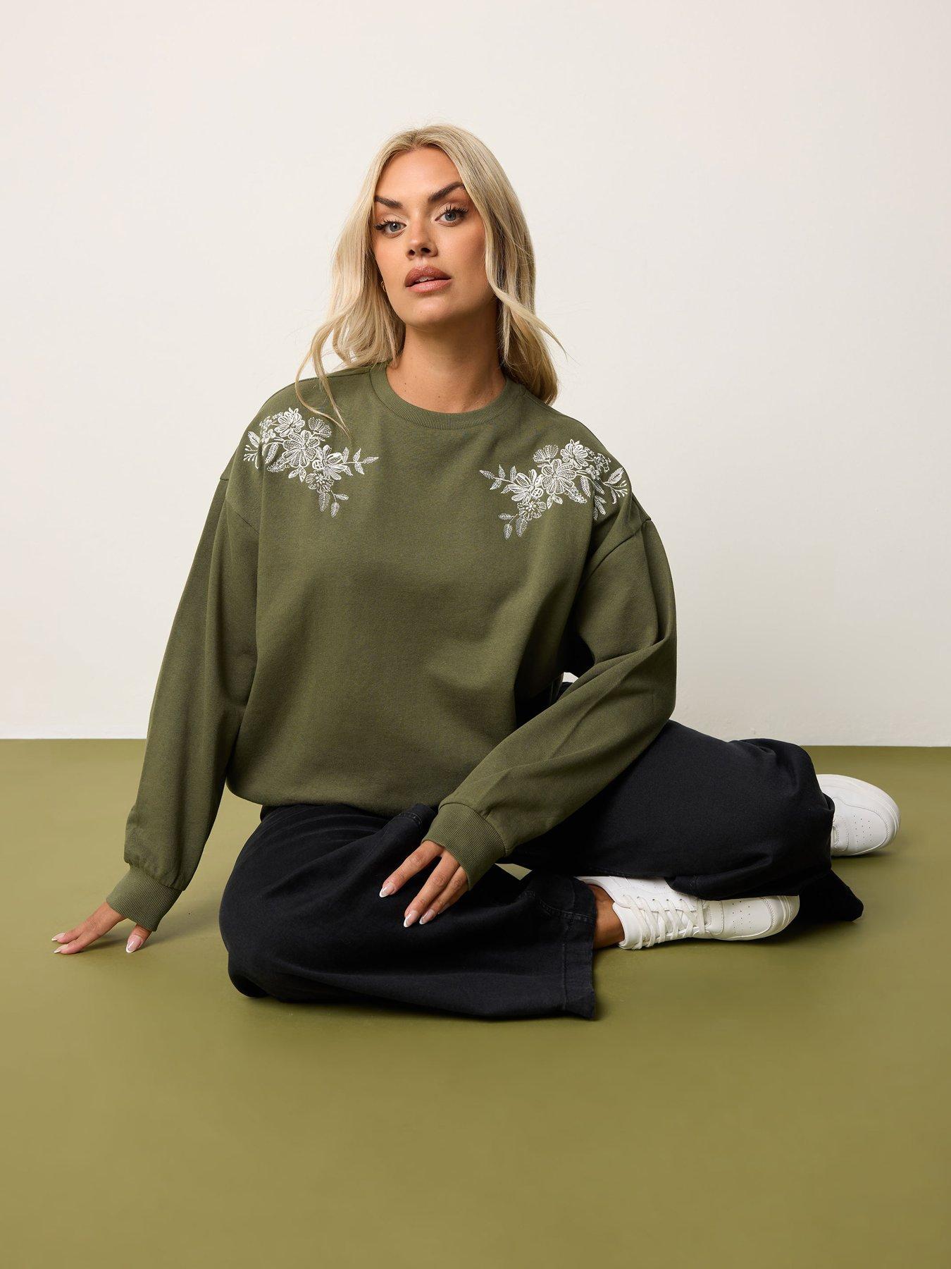 Yours Curve Embroidered Sweatshirt - Green