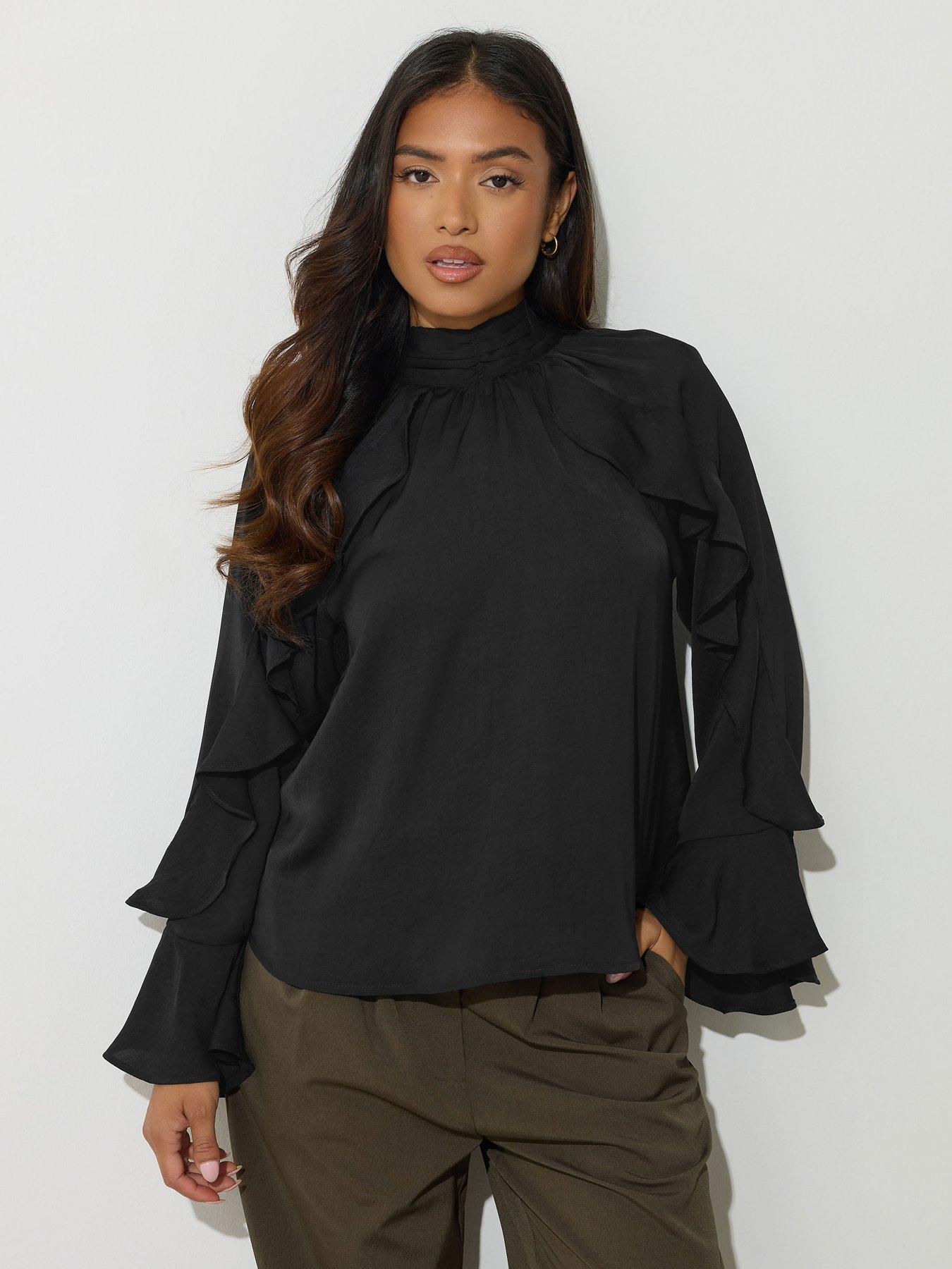 PixieGirl Petite Long Sleeve Satin Frill Top - Black