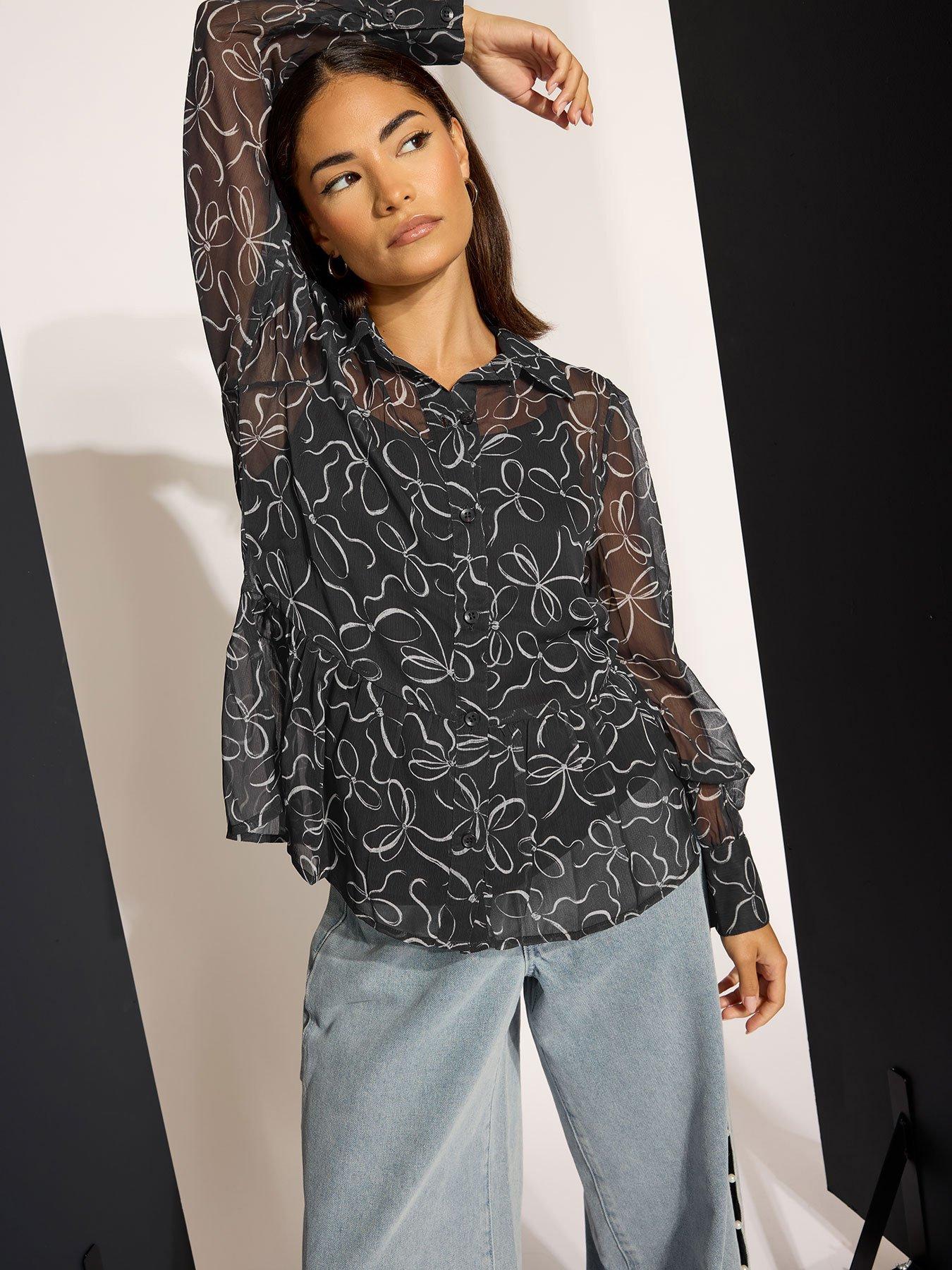 PixieGirl Petite Bow Peplum Chiffon Blouse - Black