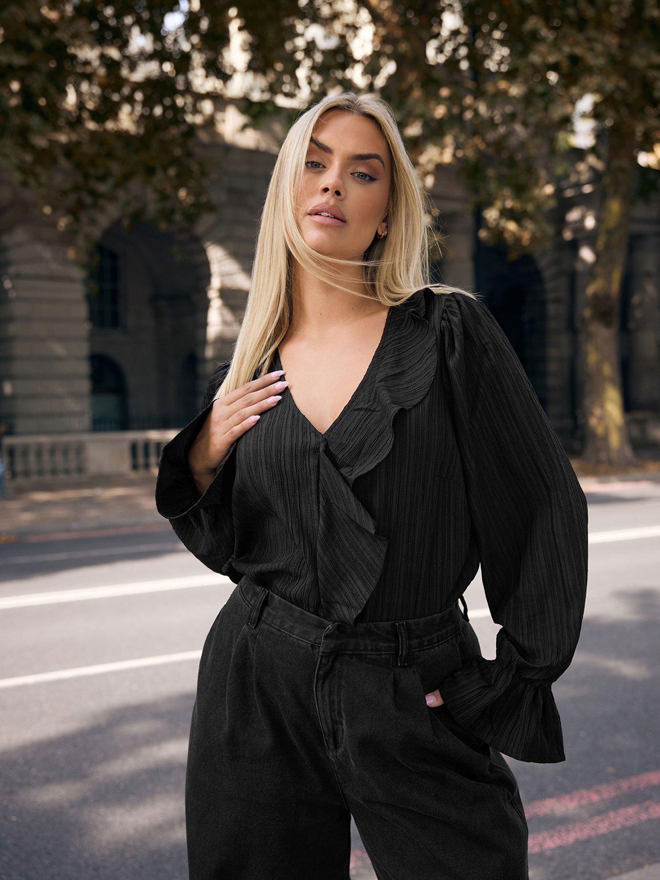 Yours Curve Textured Ruffle Blouse - Black