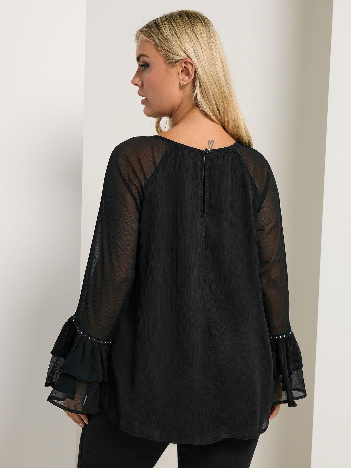 yours-curve-ruffle-sleeve-stud-top-blackstillFront