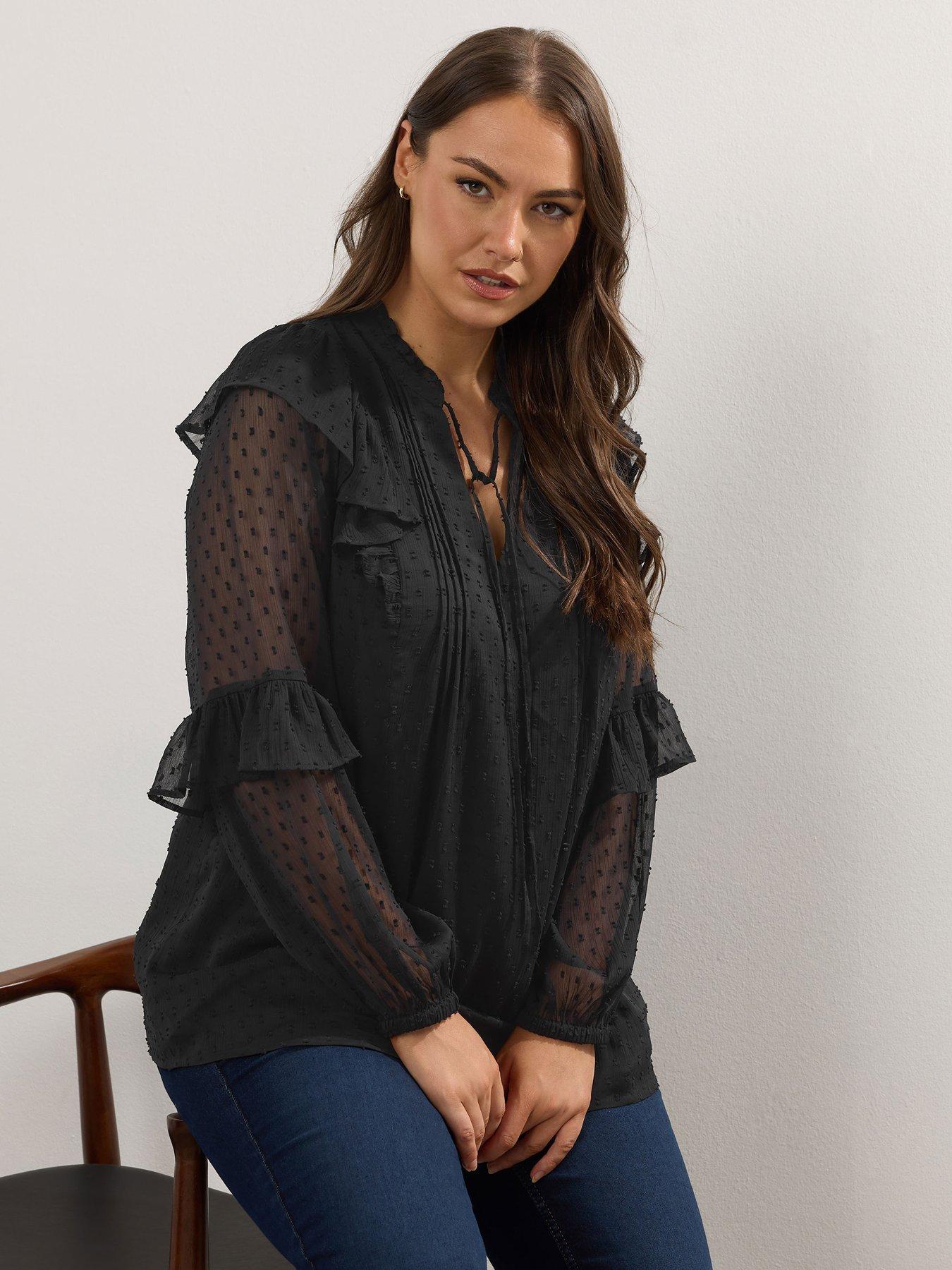 Yours Curve Dobby Ruffle Blouse - Black