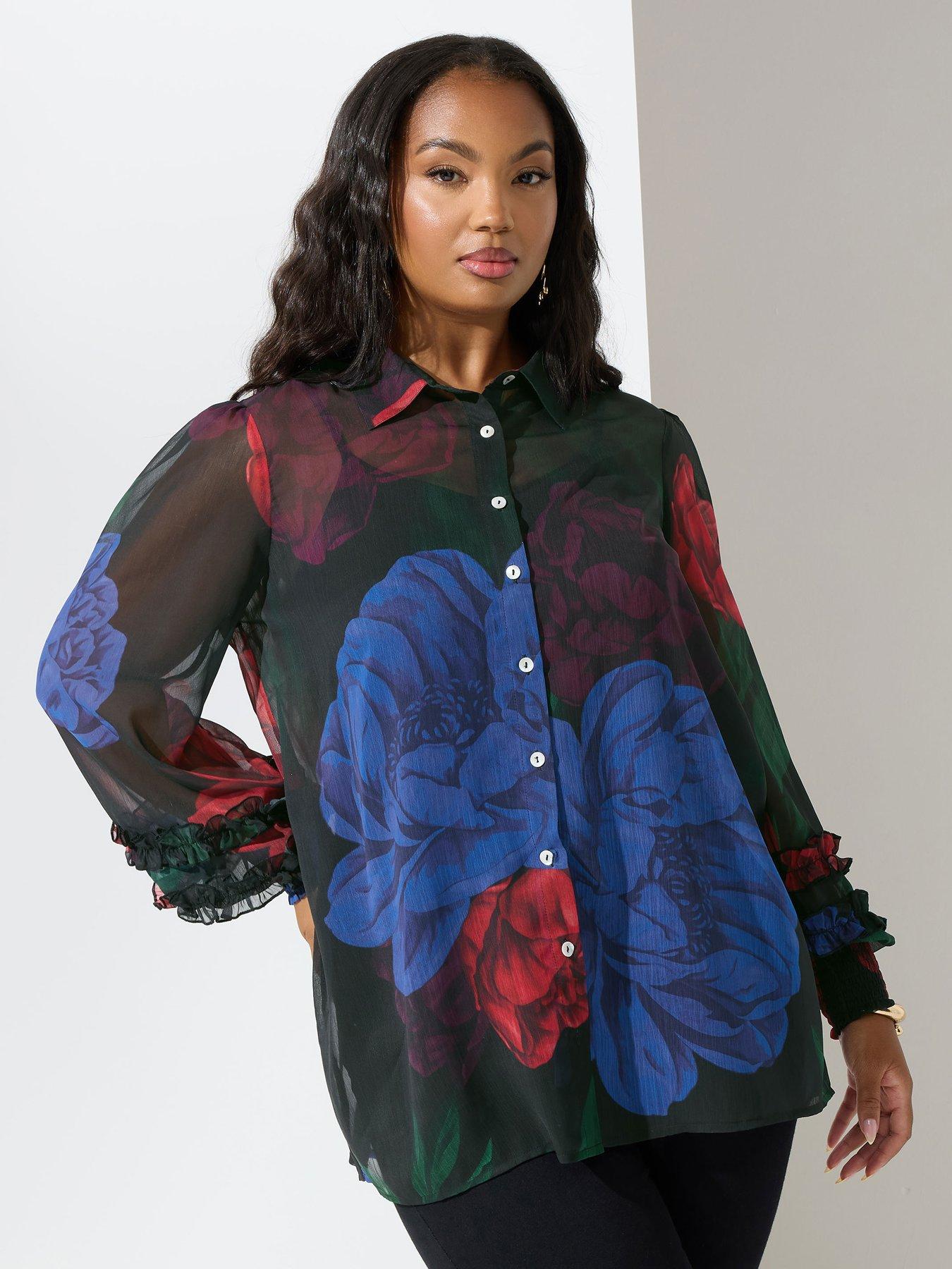 Yours Curve Ruffle Cuffed Sleeve Shirt - Black