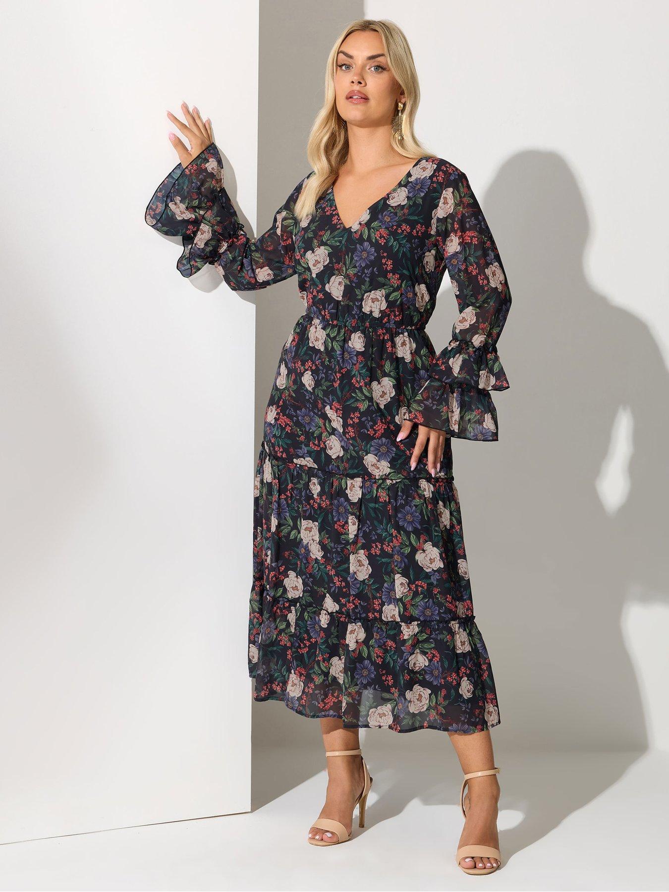 yours-curve-floral-v-neck-ruffle-tiered-dress-black