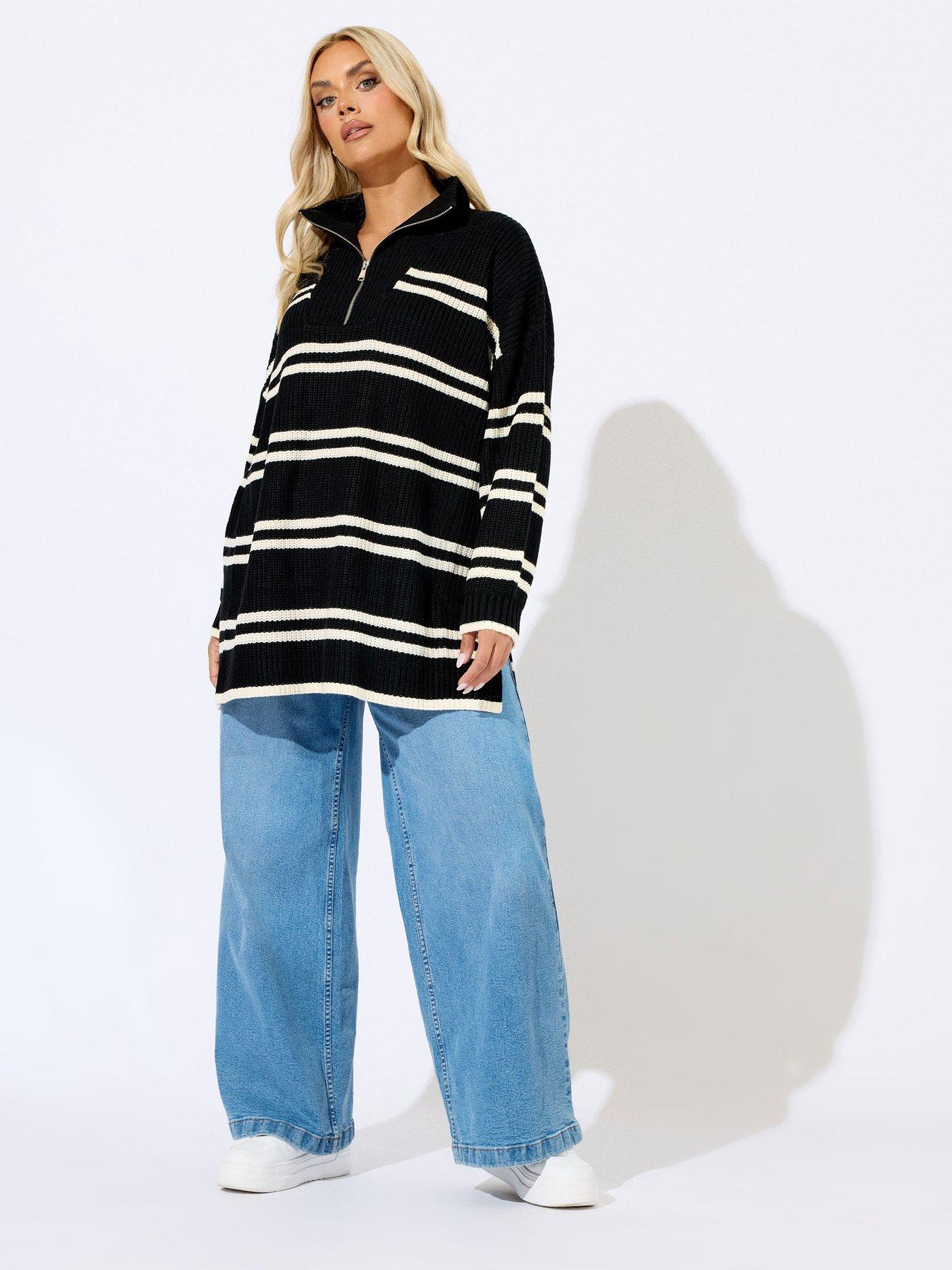 Image 3 of 4 of Yours Curve Quarter Zip Stripe Jumper - Black
