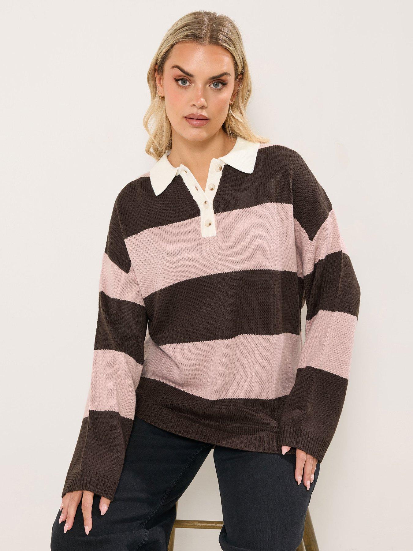 yours-curve-rugby-collar-stripe-jumper-brownoutfit