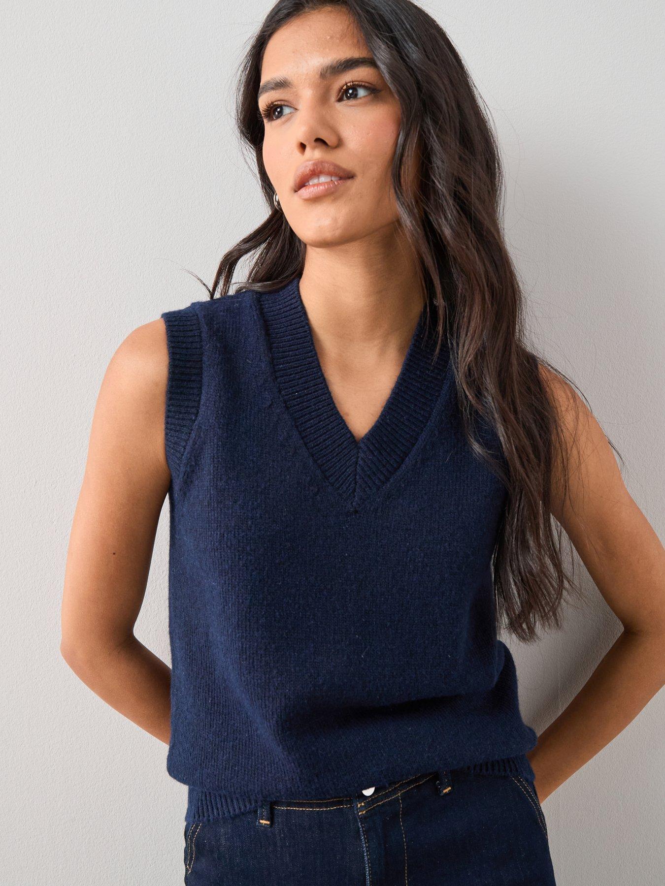 Image 1 of 6 of The Very Collection V Neck Knitted Tank With Wool - Navy