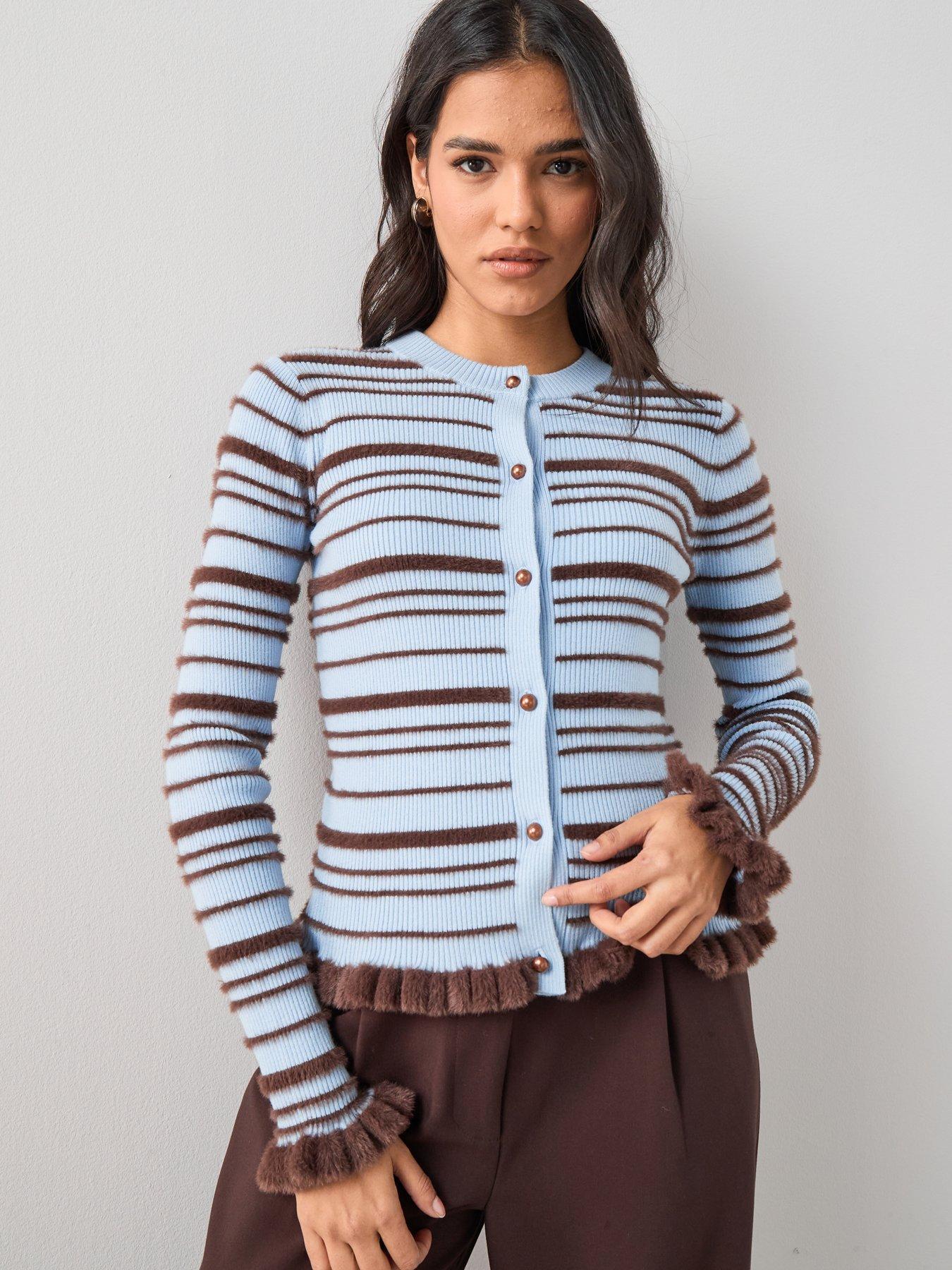 Image 1 of 7 of The Very Collection Crew Neck Long Sleeve Stripe Cardigan - Blue / Choc