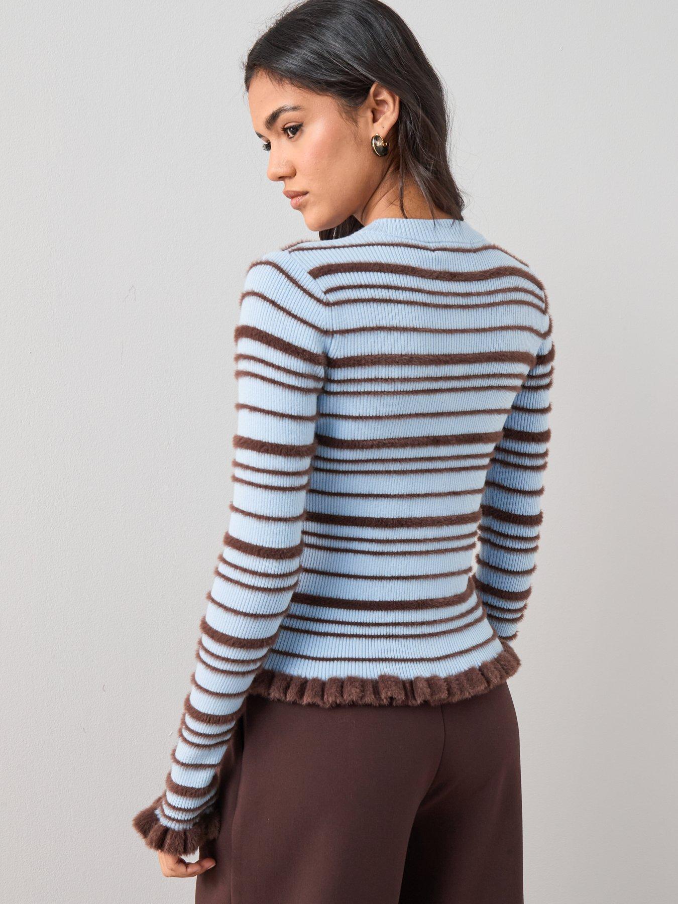 Image 2 of 7 of The Very Collection Crew Neck Long Sleeve Stripe Cardigan - Blue / Choc
