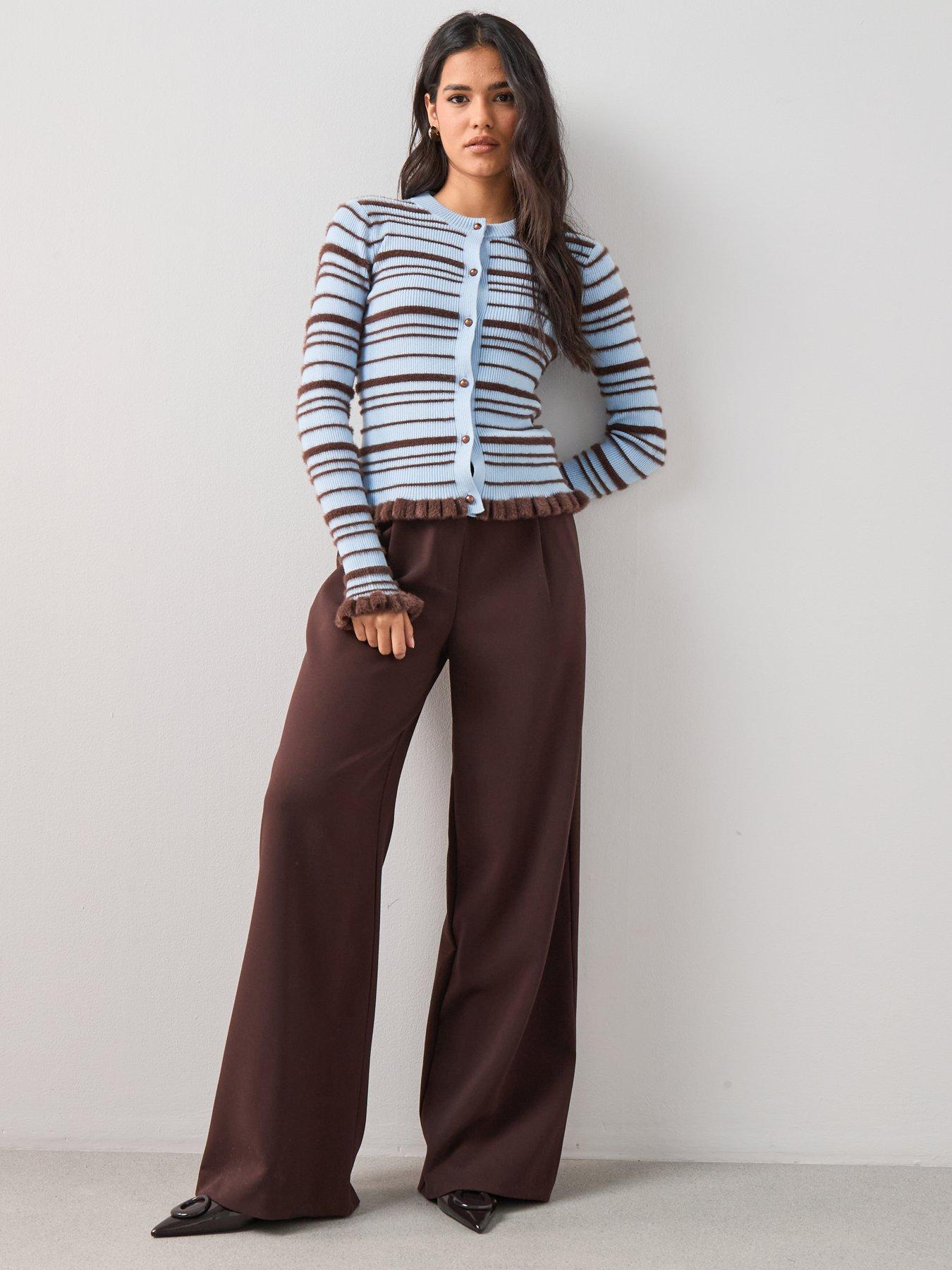 Image 3 of 7 of The Very Collection Crew Neck Long Sleeve Stripe Cardigan - Blue / Choc