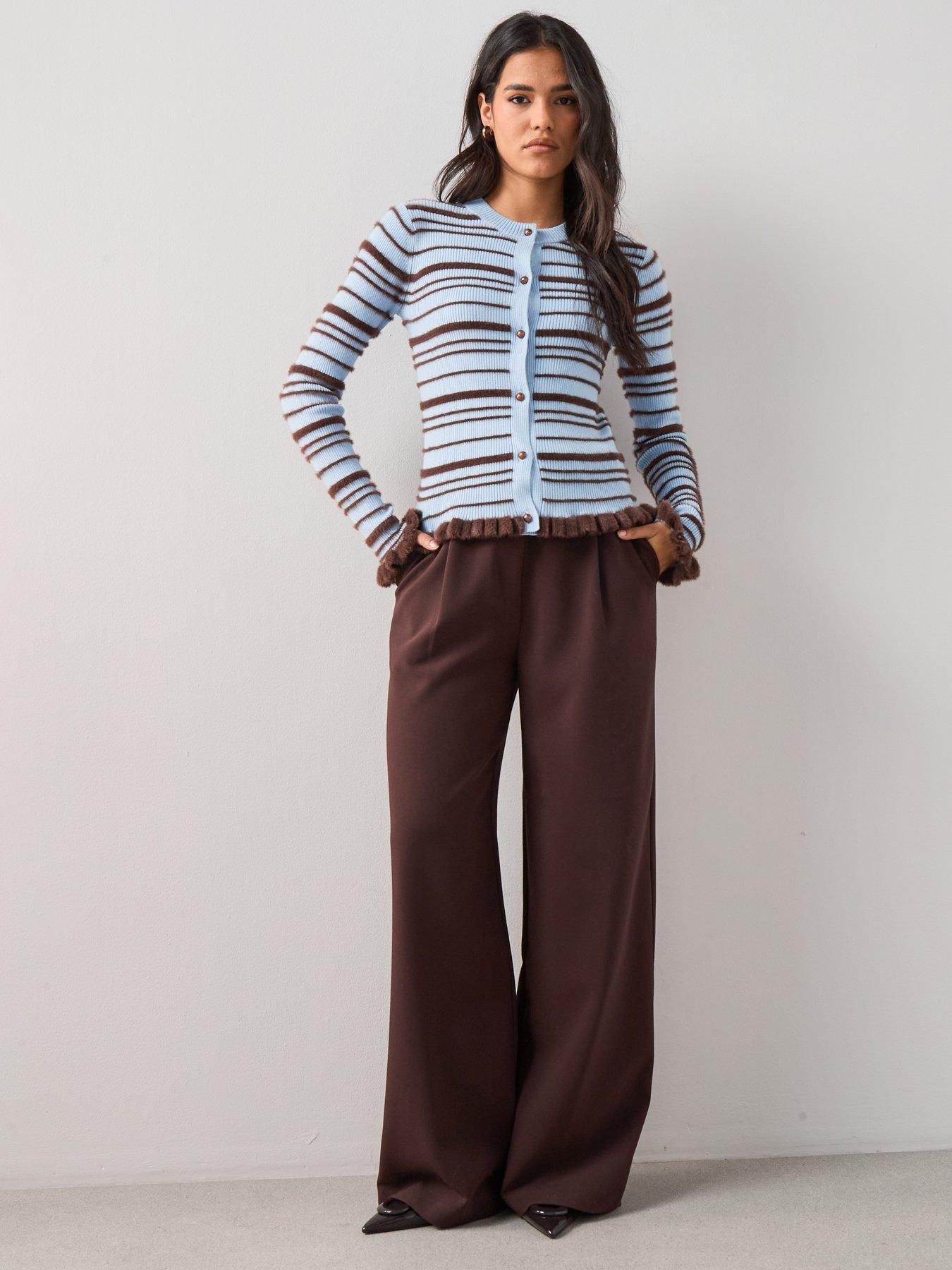 Image 4 of 7 of The Very Collection Crew Neck Long Sleeve Stripe Cardigan - Blue / Choc