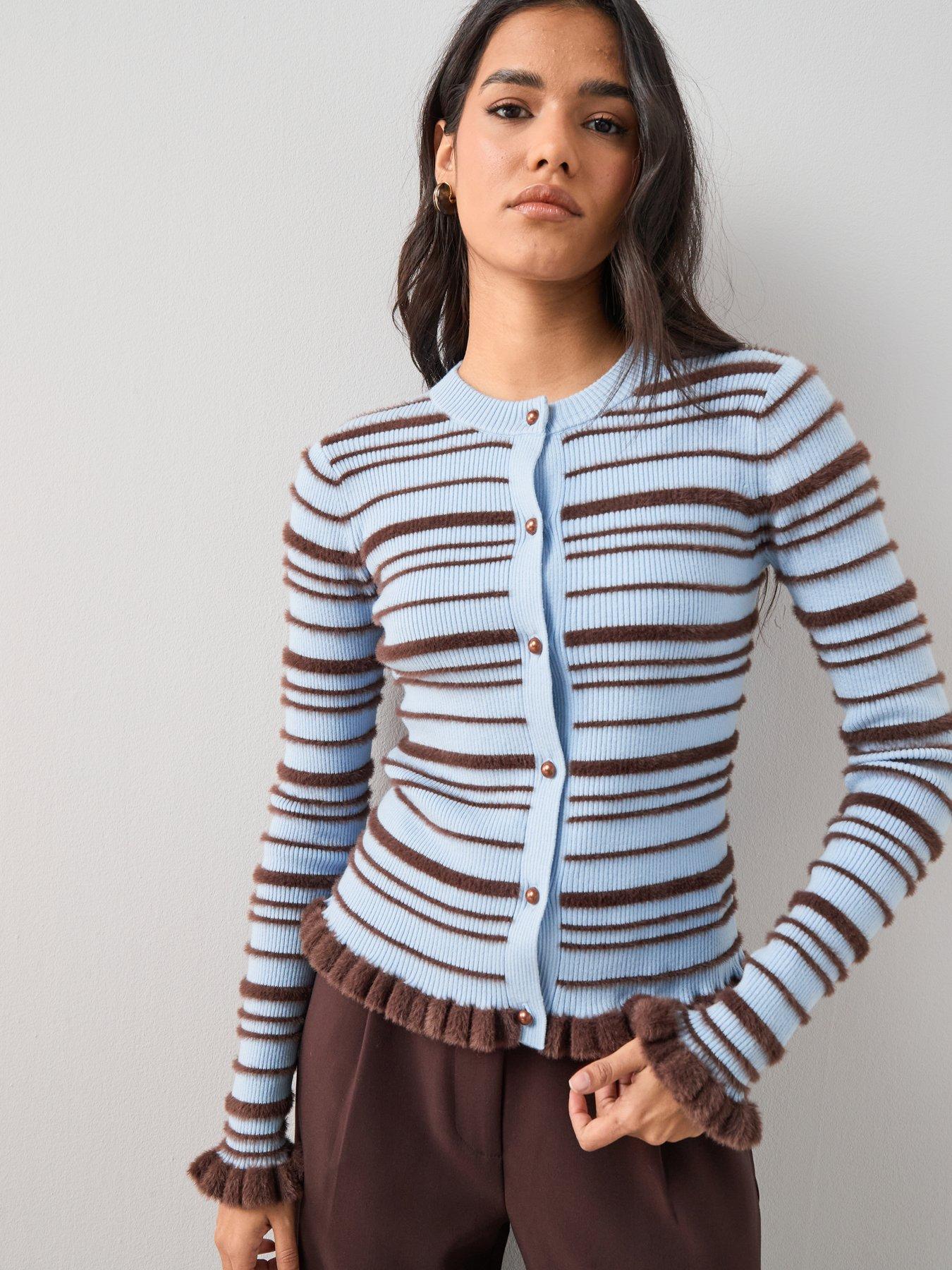 Image 5 of 7 of The Very Collection Crew Neck Long Sleeve Stripe Cardigan - Blue / Choc