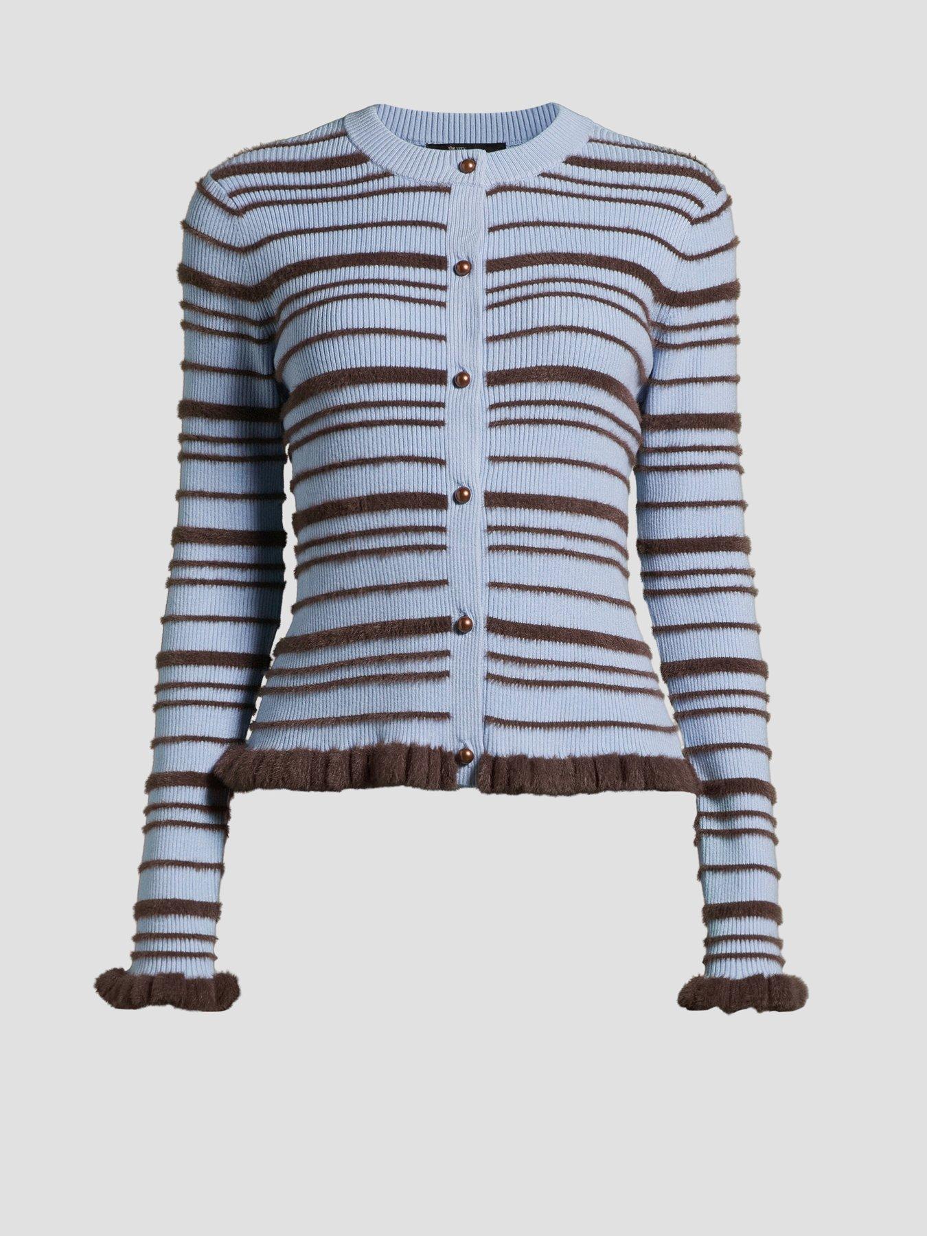 Image 7 of 7 of The Very Collection Crew Neck Long Sleeve Stripe Cardigan - Blue / Choc