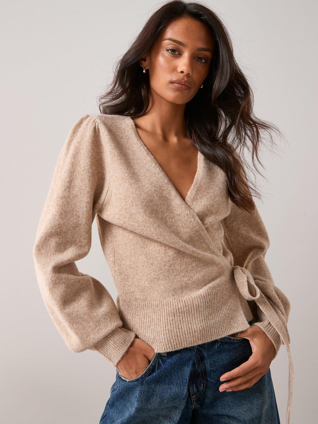 Image 1 of 6 of The Very Collection Wrap Knitted Cardigan With Wool - Beige