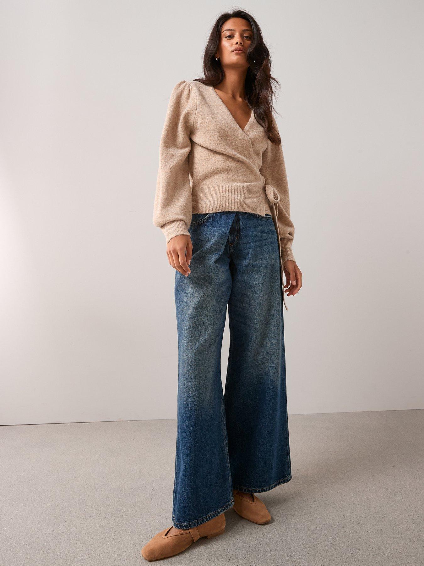 Image 3 of 6 of The Very Collection Wrap Knitted Cardigan With Wool - Beige