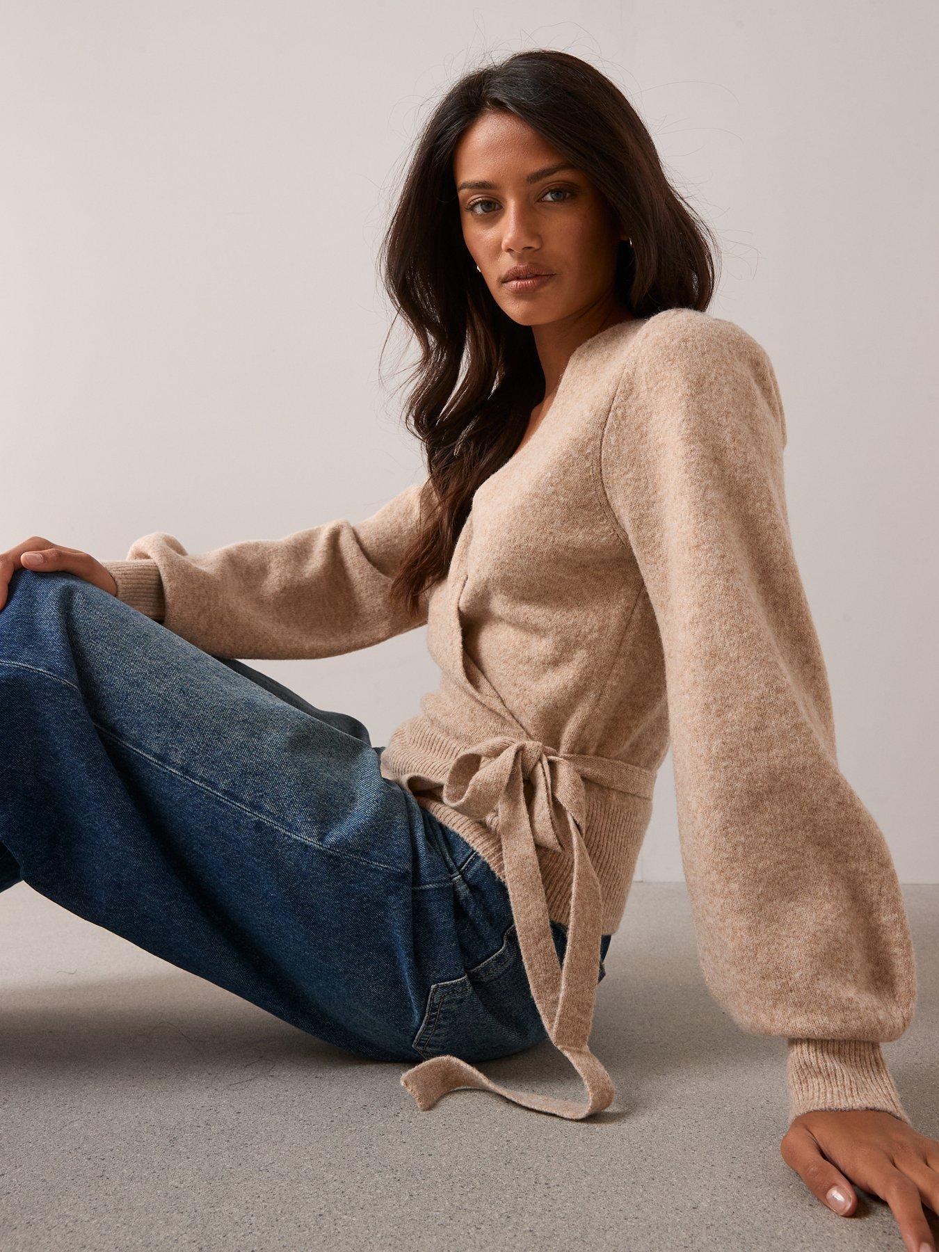 Image 4 of 6 of The Very Collection Wrap Knitted Cardigan With Wool - Beige