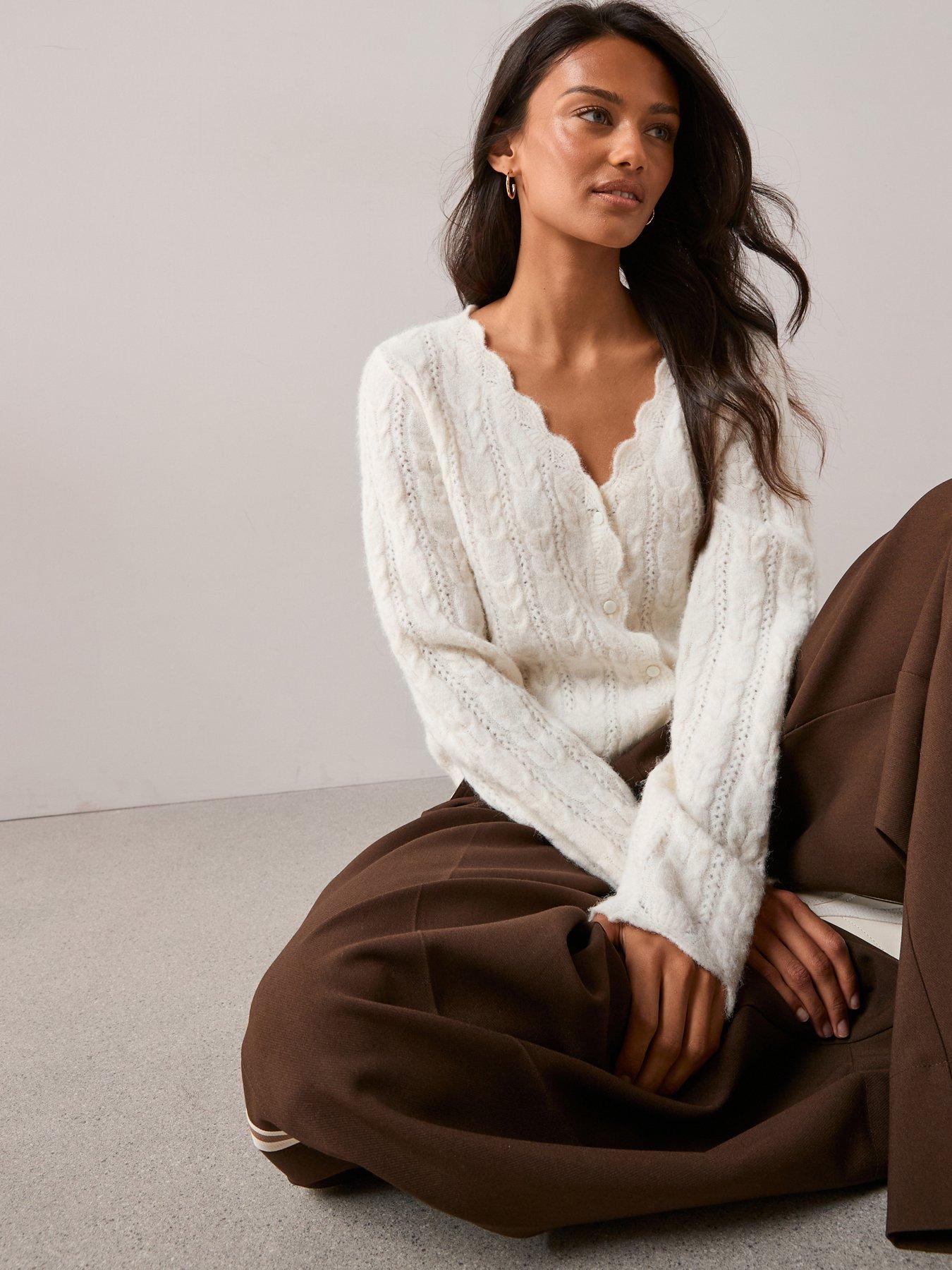 Image 1 of 6 of The Very Collection V Neck Pointelle Cardigan With Wool - Cream