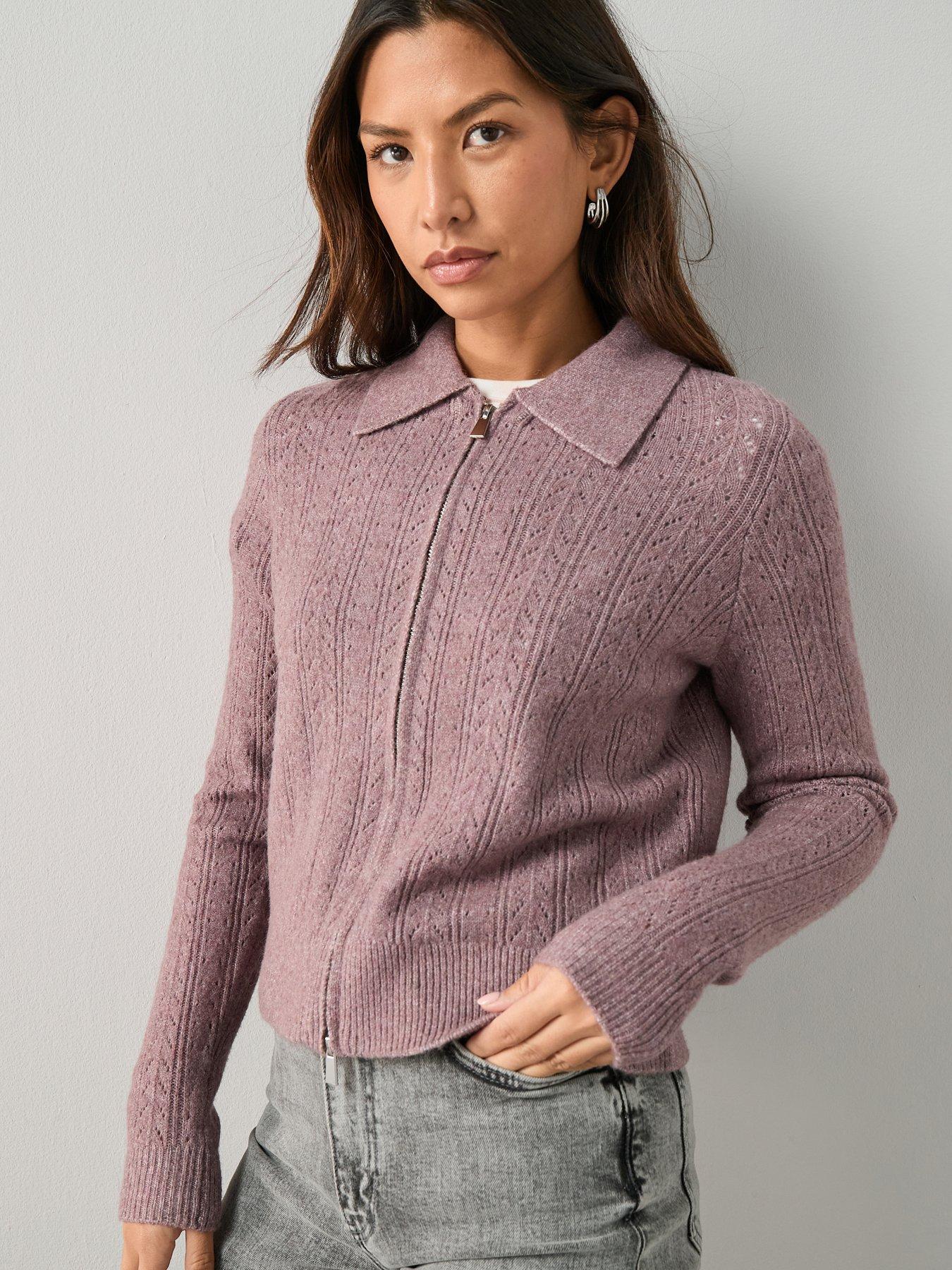 The Very Collection Collared Pointelle Knitted Cardigan - Mauve