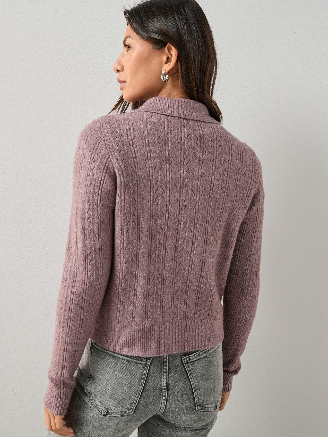Image 2 of 7 of The Very Collection Collared Pointelle Knitted Cardigan - Mauve