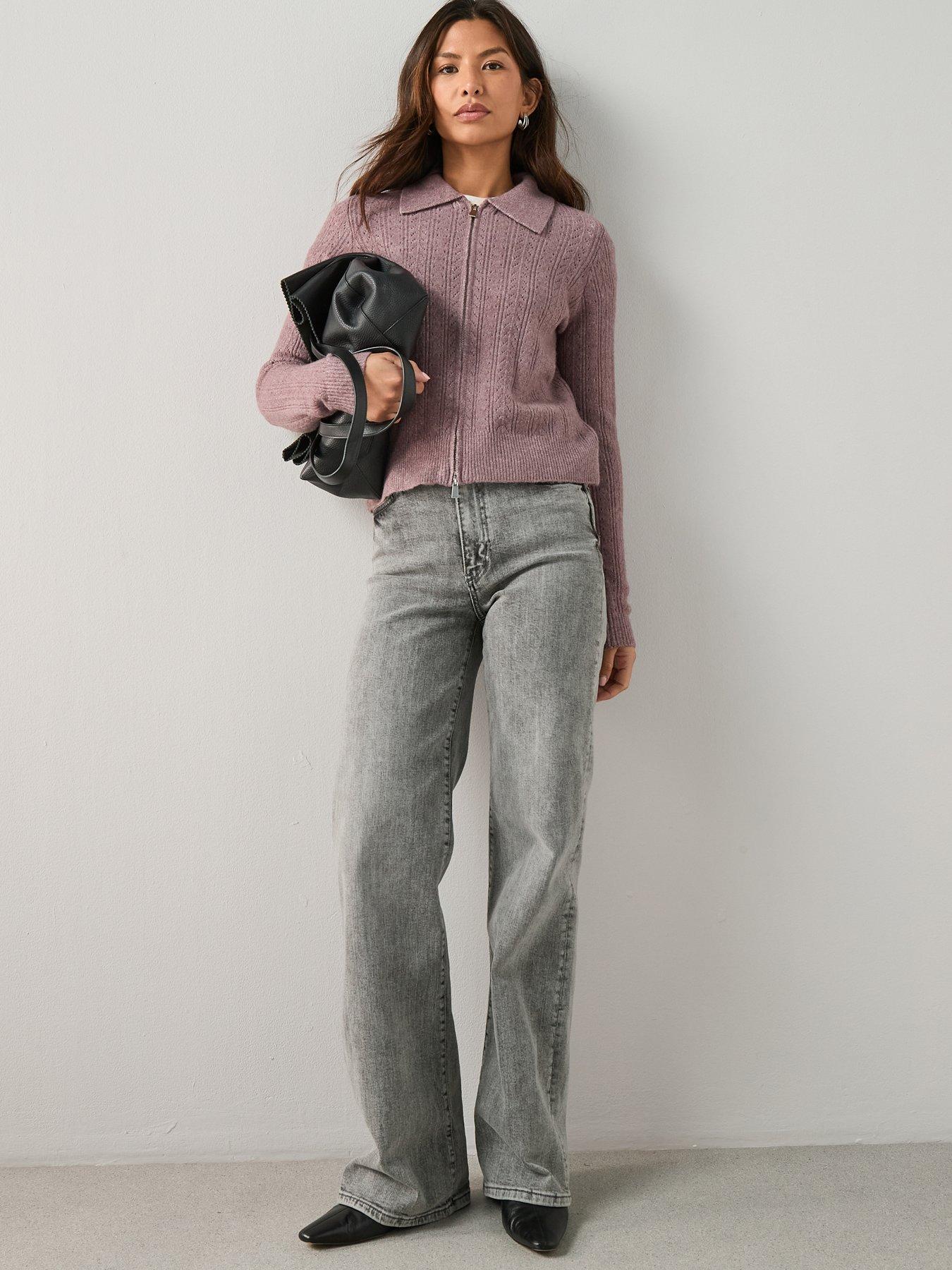 Image 3 of 7 of The Very Collection Collared Pointelle Knitted Cardigan - Mauve