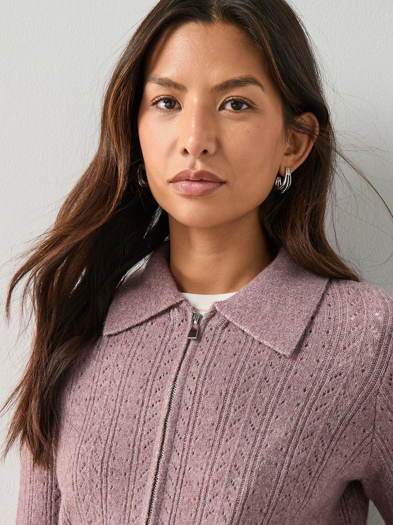 Image 4 of 7 of The Very Collection Collared Pointelle Knitted Cardigan - Mauve