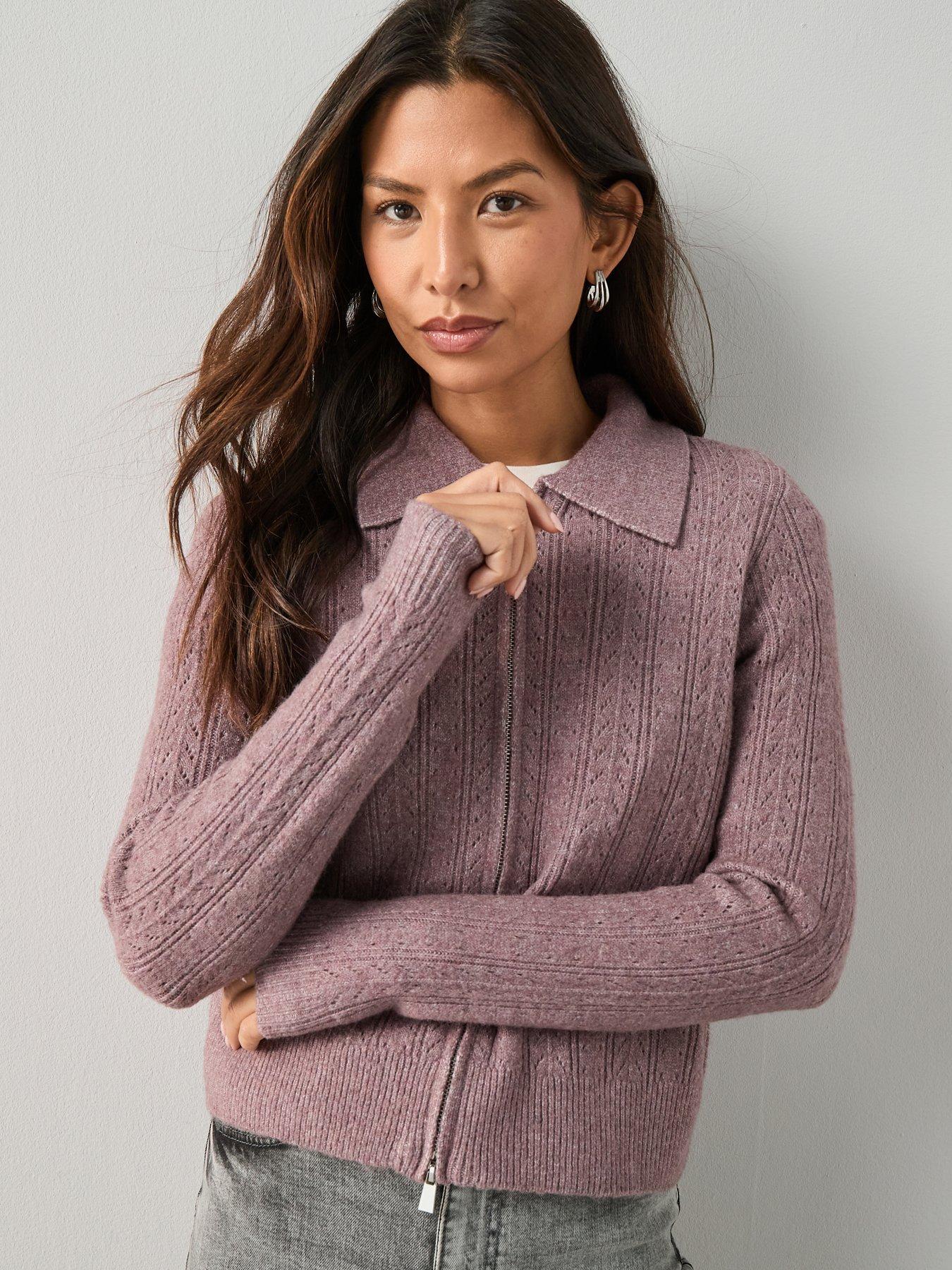 Image 5 of 7 of The Very Collection Collared Pointelle Knitted Cardigan - Mauve