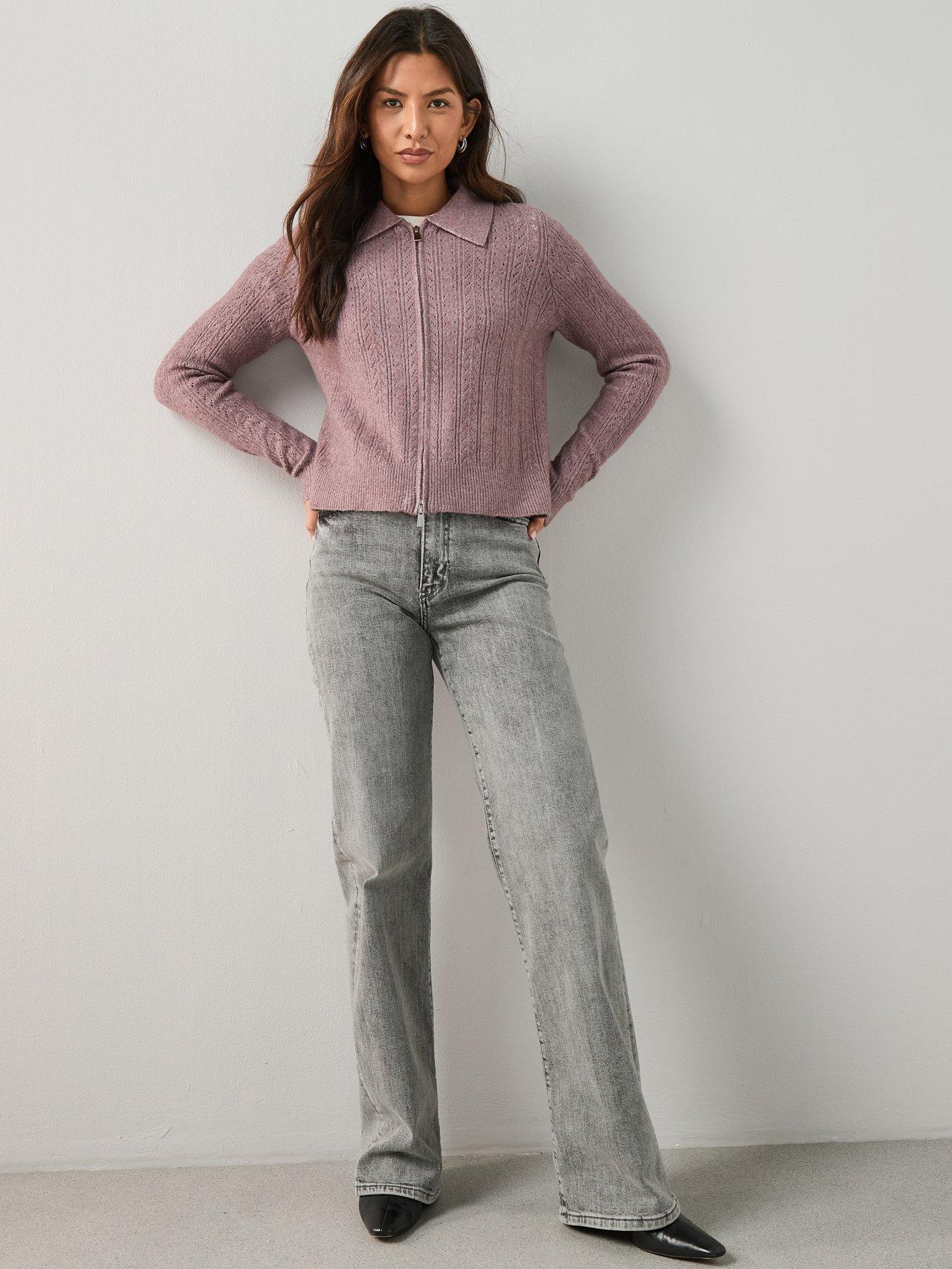 Image 6 of 7 of The Very Collection Collared Pointelle Knitted Cardigan - Mauve