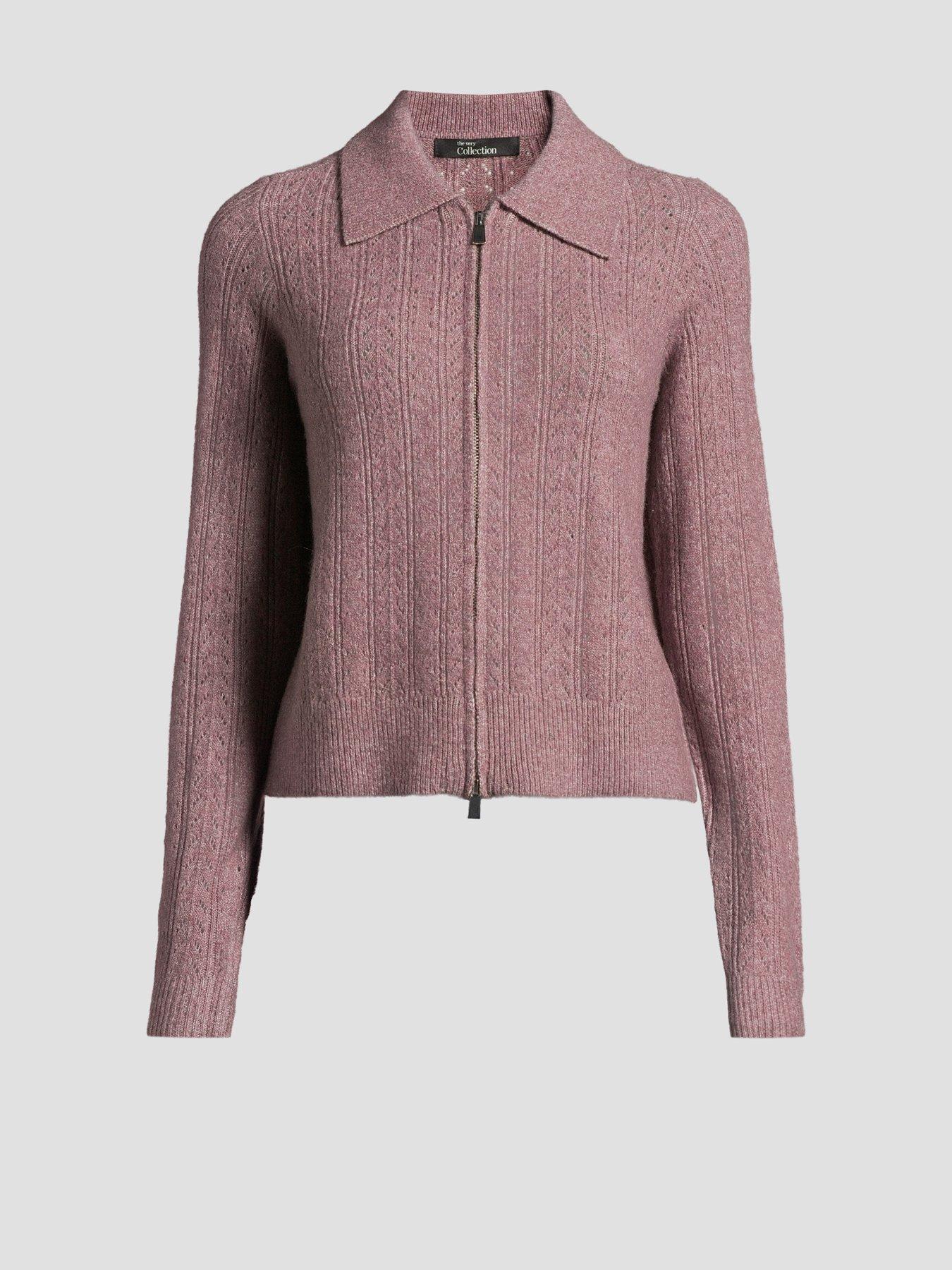 Image 7 of 7 of The Very Collection Collared Pointelle Knitted Cardigan - Mauve