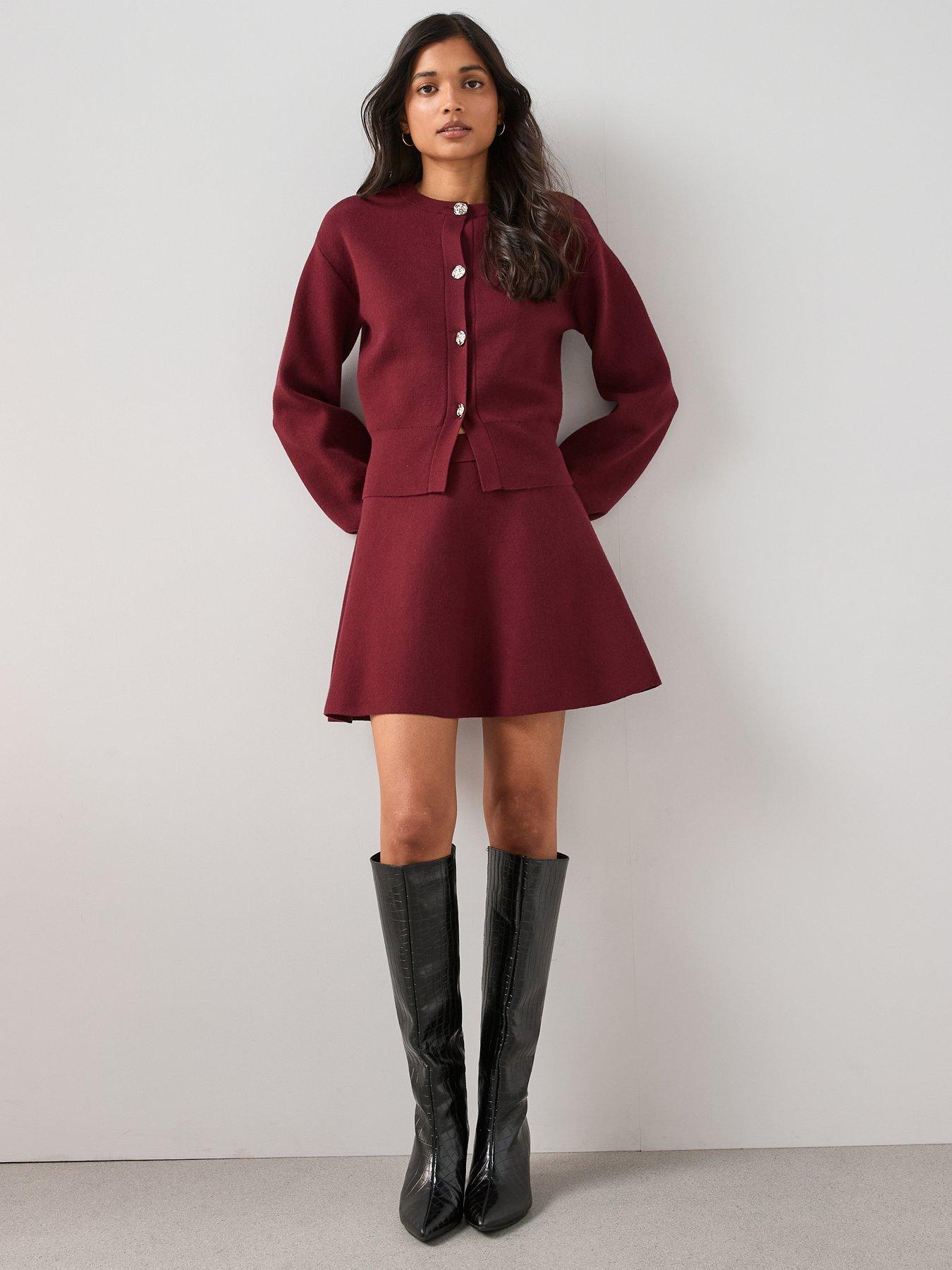 Image 1 of 6 of The Very Collection Compact Knitted Mini Skirt Co-ord - Burgundy - Red