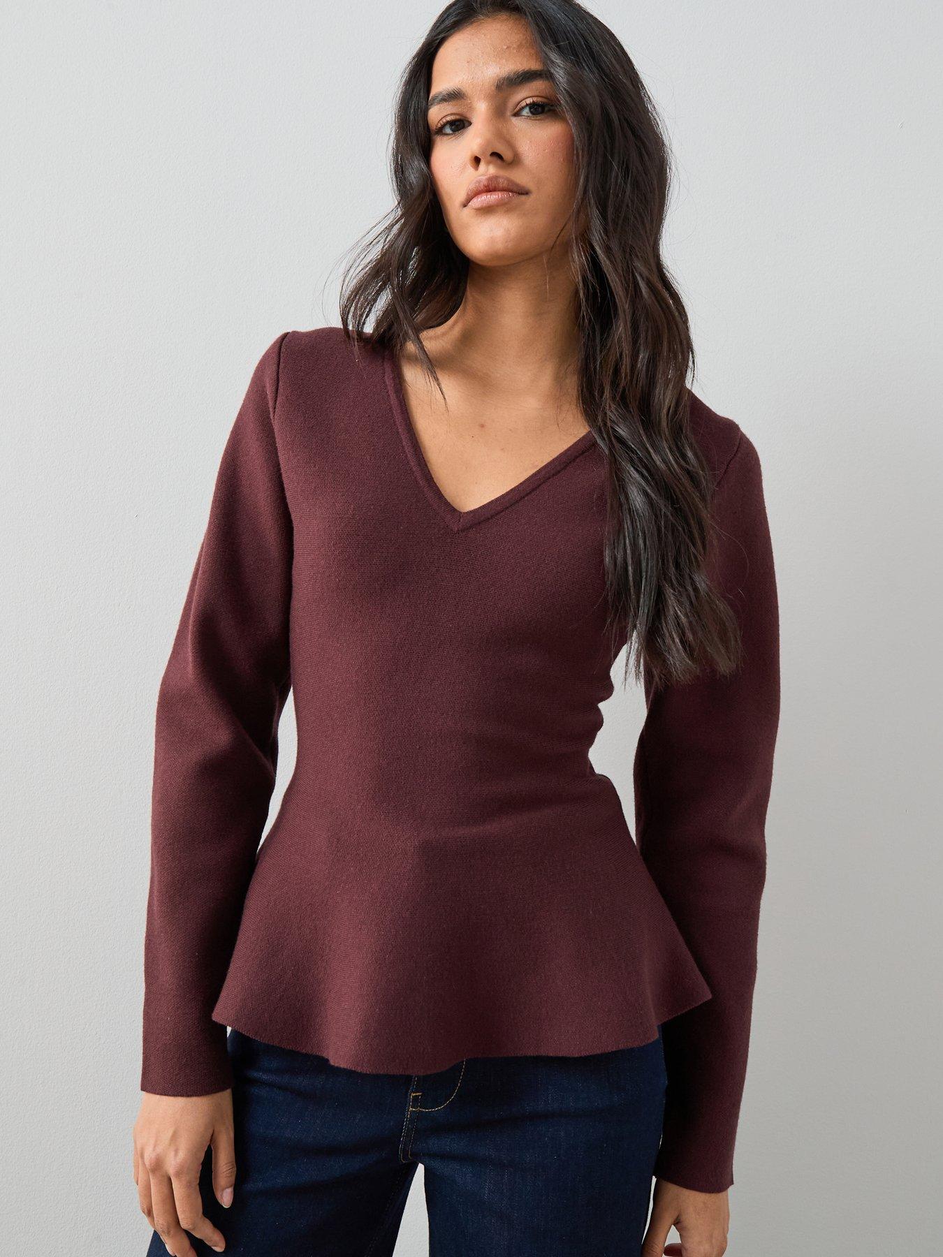the-very-collection-compact-knit-v-neck-peplum-jumper-chocolate-brown