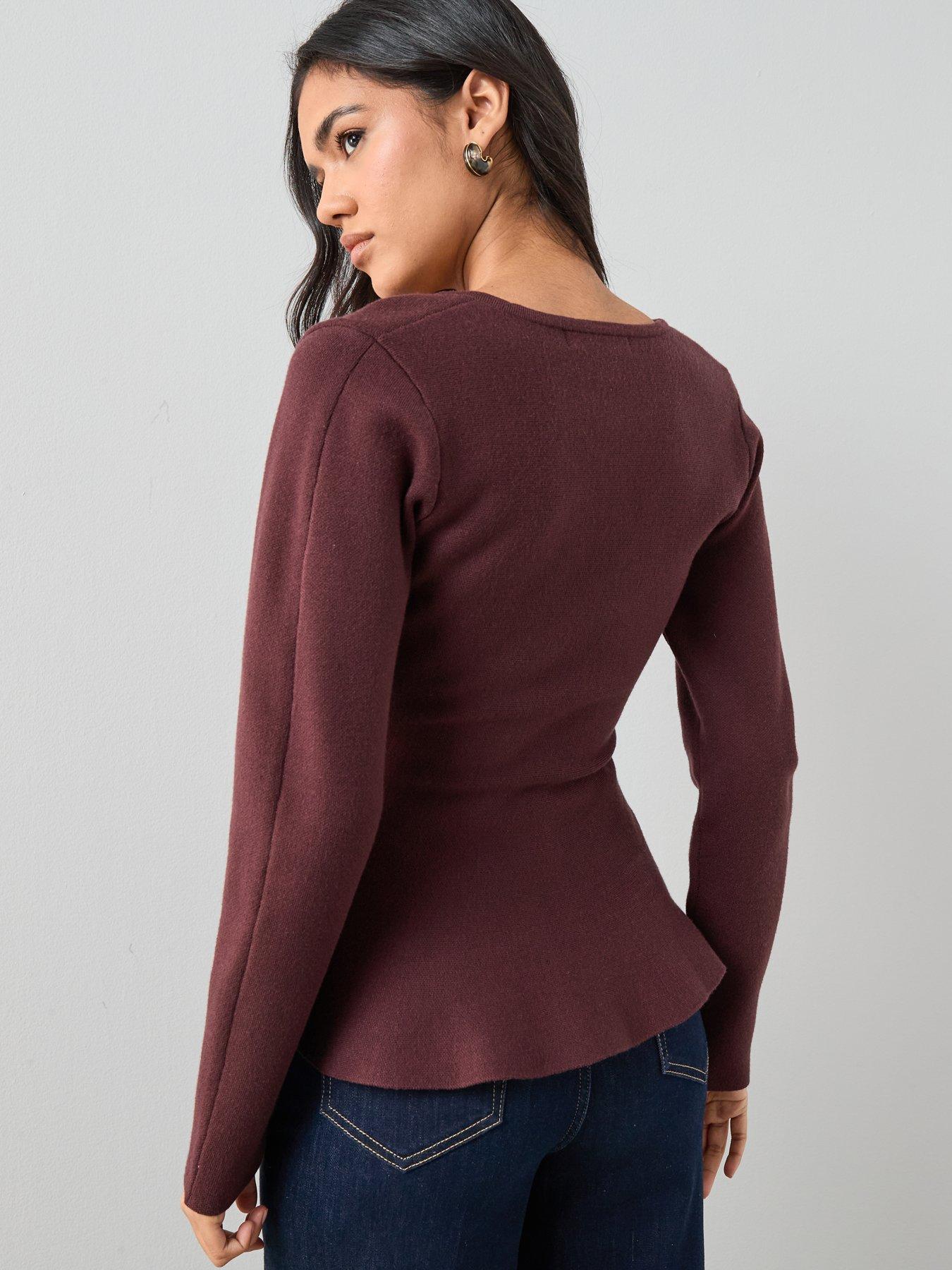 the-very-collection-compact-knit-v-neck-peplum-jumper-chocolate-brownstillFront