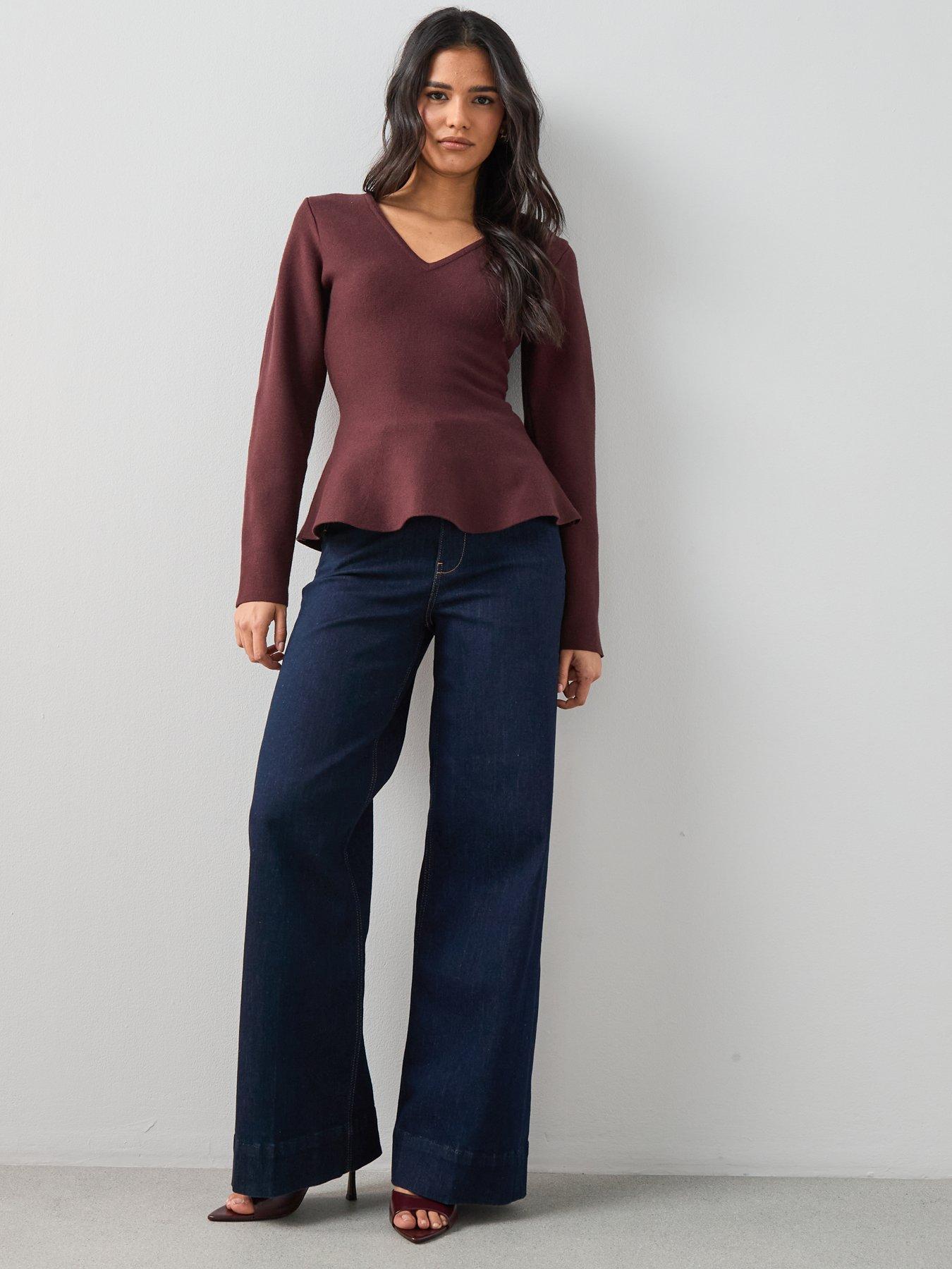 the-very-collection-compact-knit-v-neck-peplum-jumper-chocolate-brownback