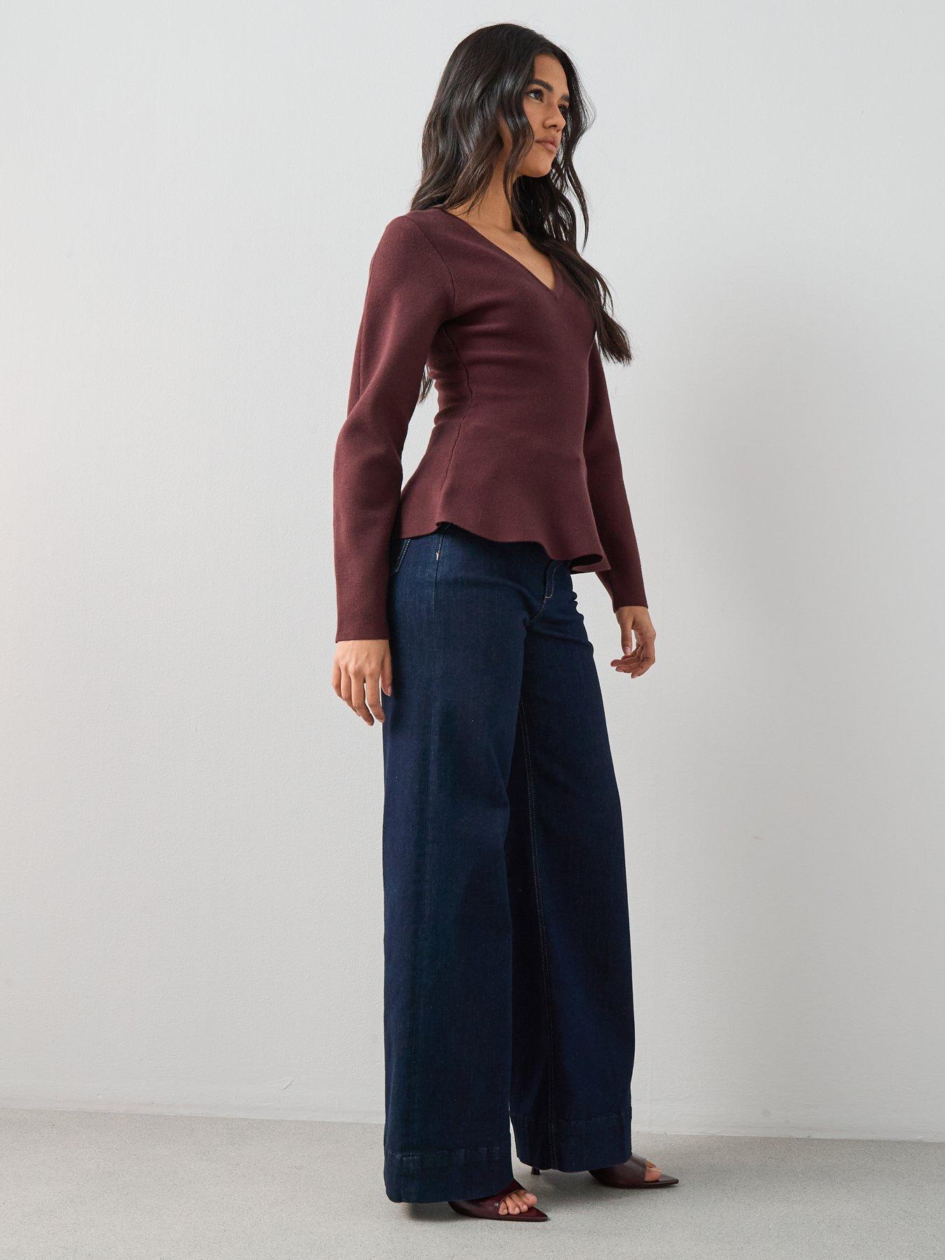 the-very-collection-compact-knit-v-neck-peplum-jumper-chocolate-brownoutfit