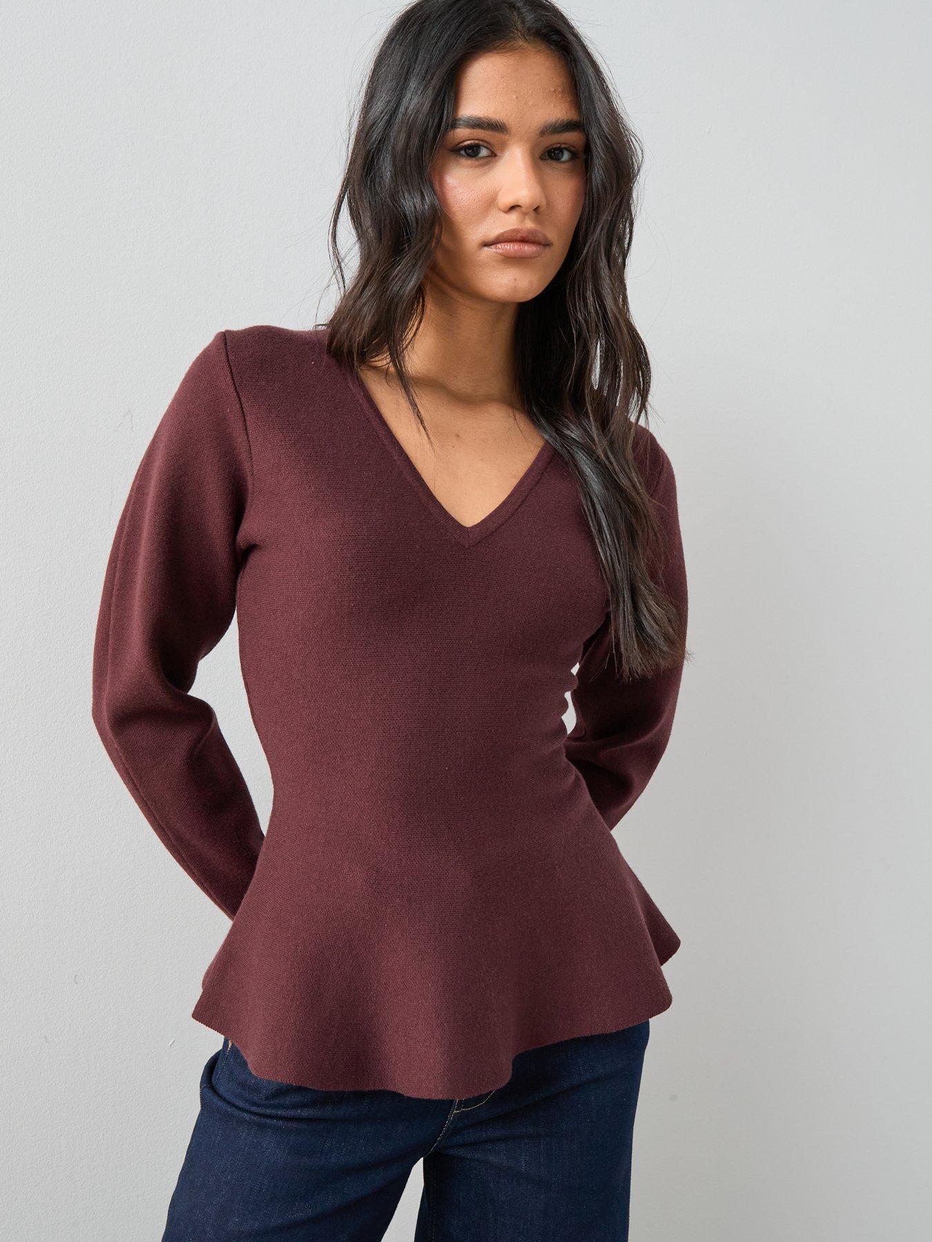 the-very-collection-compact-knit-v-neck-peplum-jumper-chocolate-browndetail