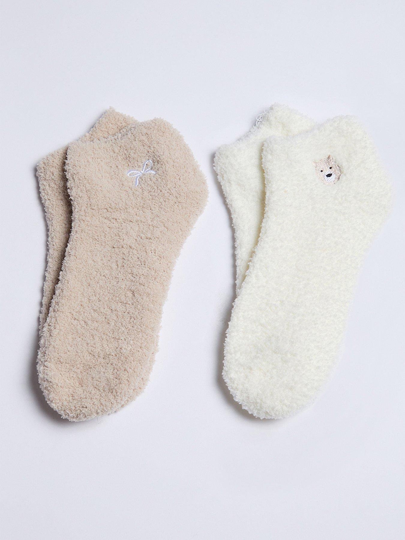 Boux Avenue Bear  &  Bow Pack of 2 Cosy Trainer Socks - Neutral Mix