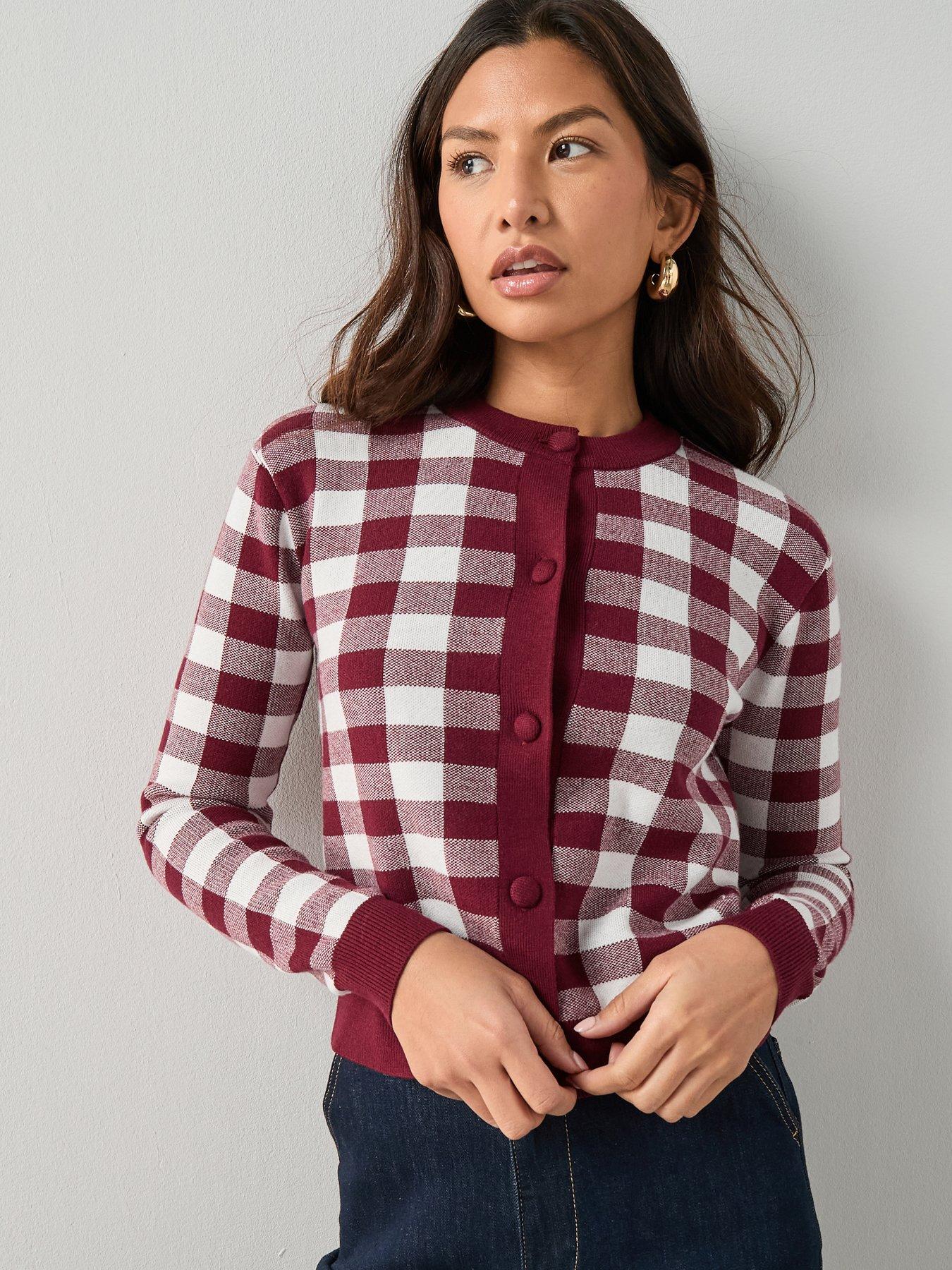 the-very-collection-crew-neck-gingham-cardigan-burgundy-redfront