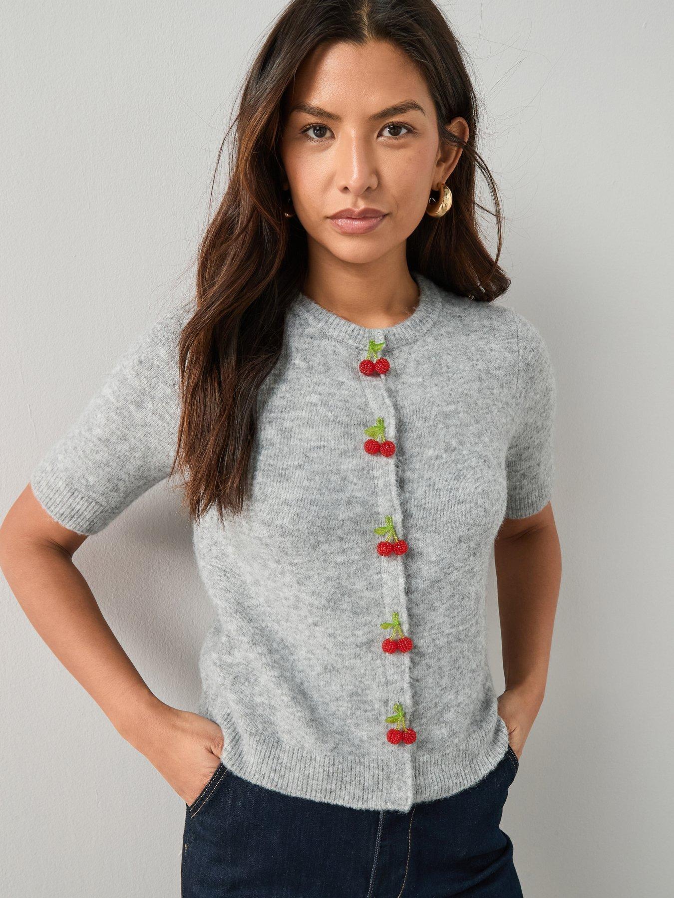 The Very Collection Short Sleeve Cherry Button Cardigan - Grey