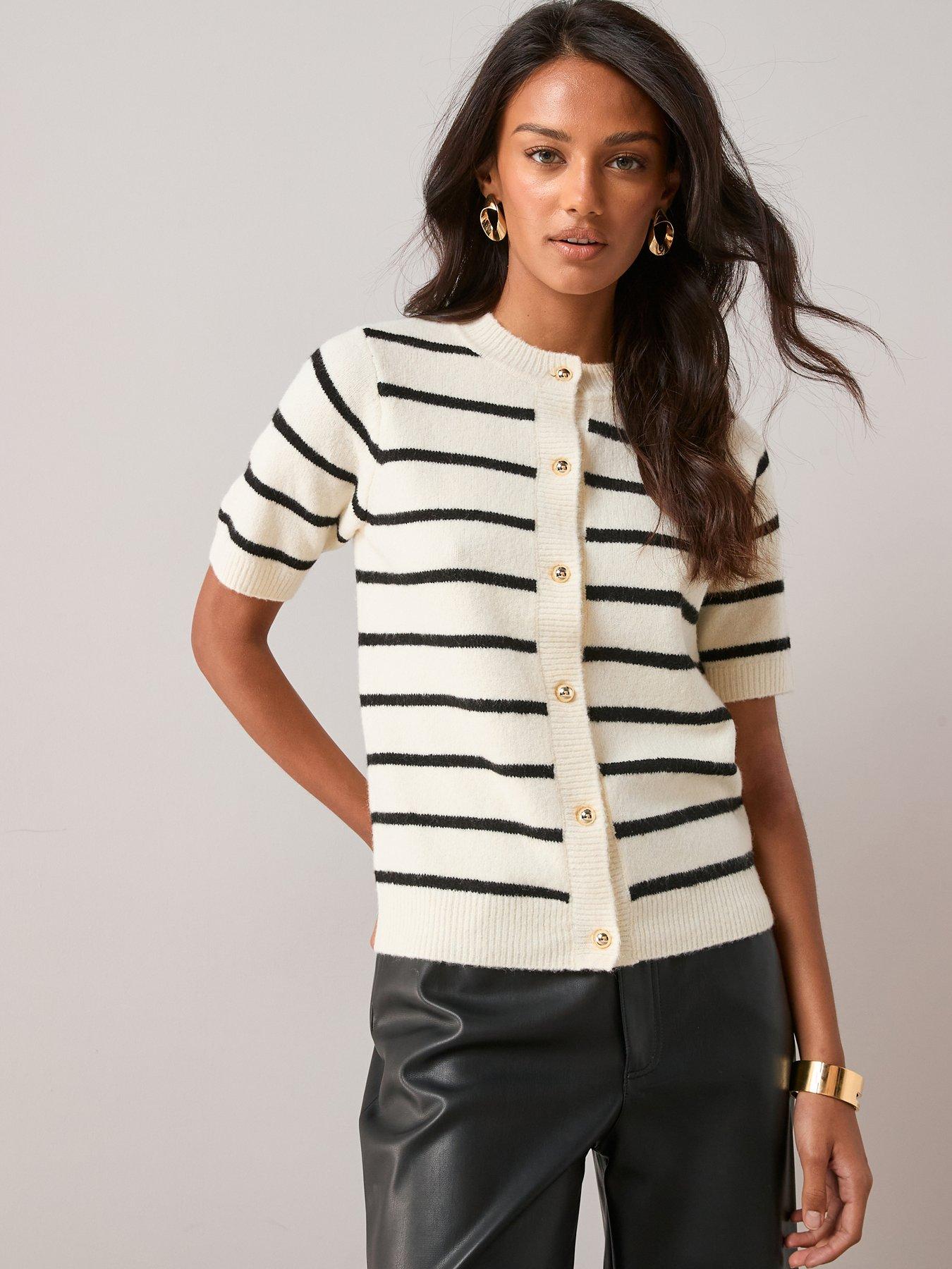 Image 1 of 6 of The Very Collection Short Sleeve Crew Neck Stripe Cardigan - Multi