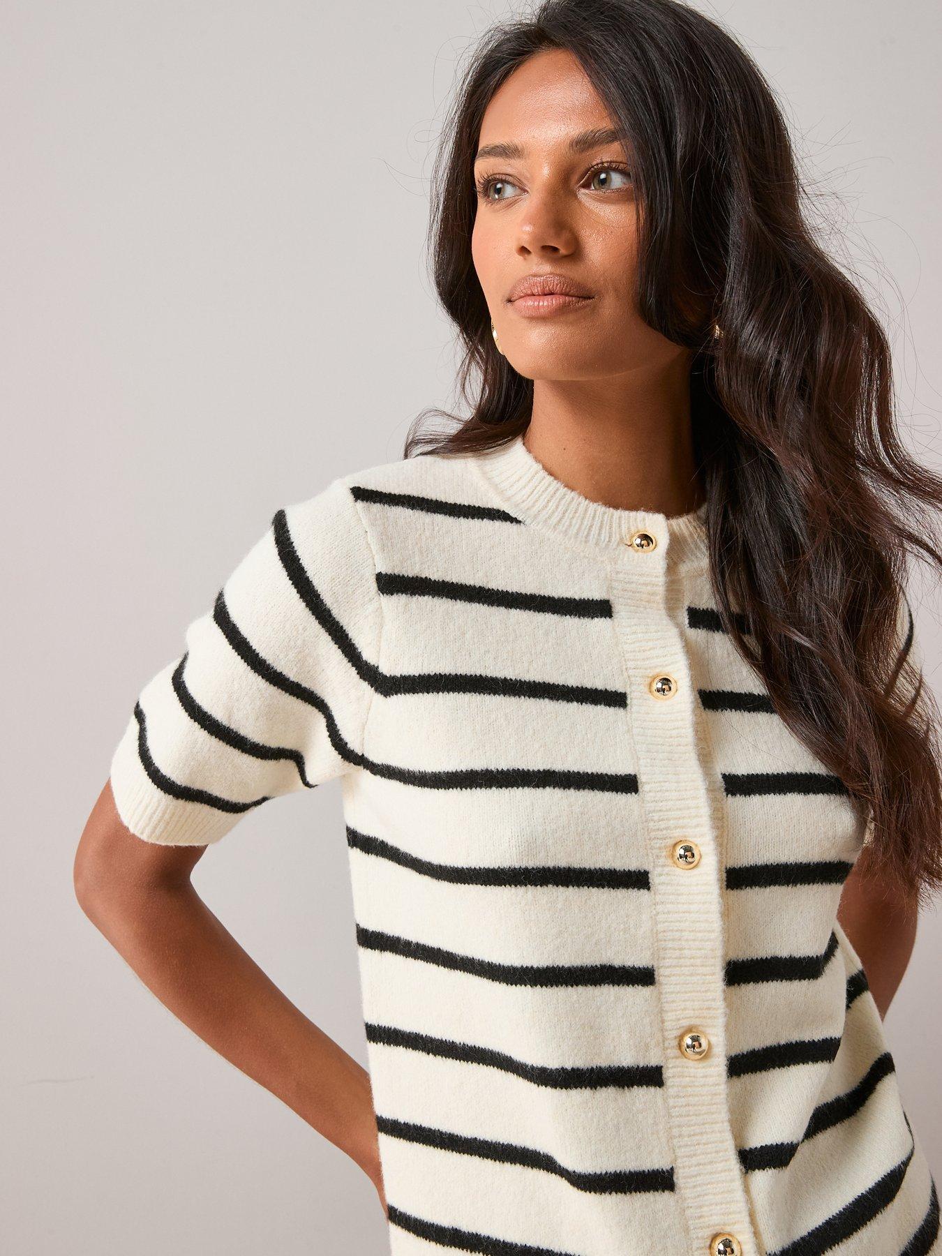 Image 5 of 6 of The Very Collection Short Sleeve Crew Neck Stripe Cardigan - Multi