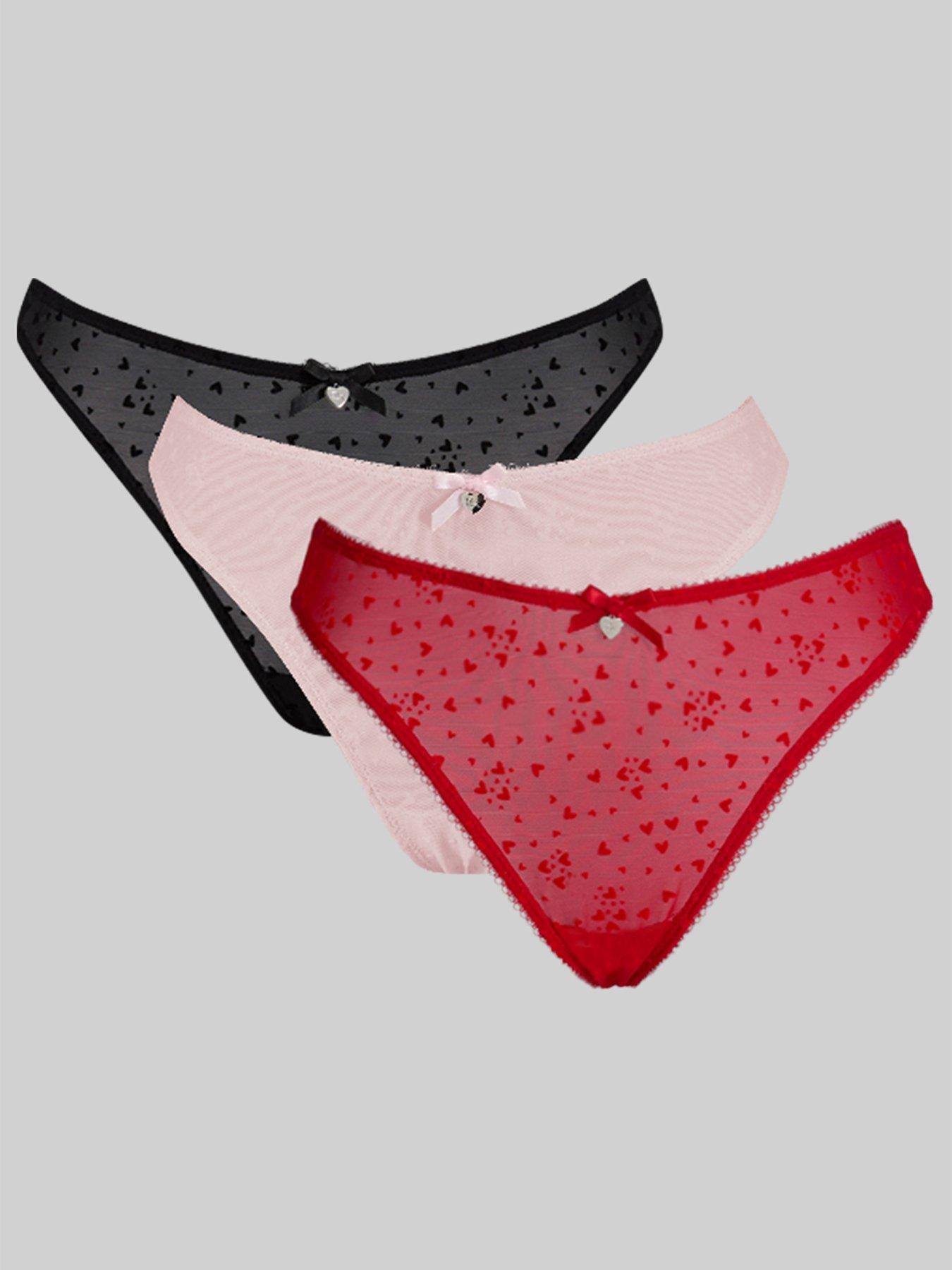 Boux Avenue Pack Of 3 New Catie Flock Heart Thongs - Red/Pink/Black