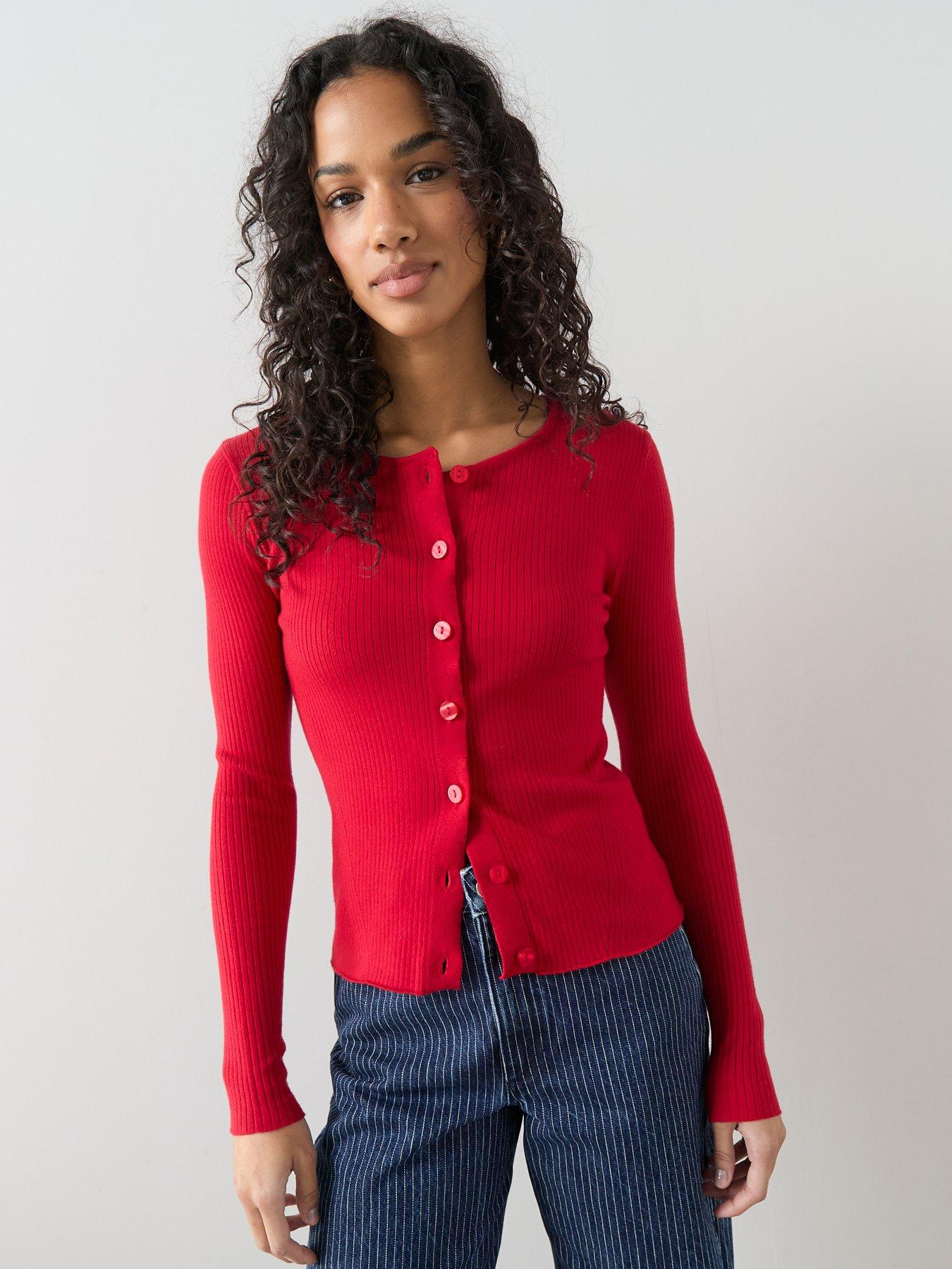 Image 1 of 6 of The Very Collection Classic Comfort Crew Neck Rib Knitted Cardigan - Red