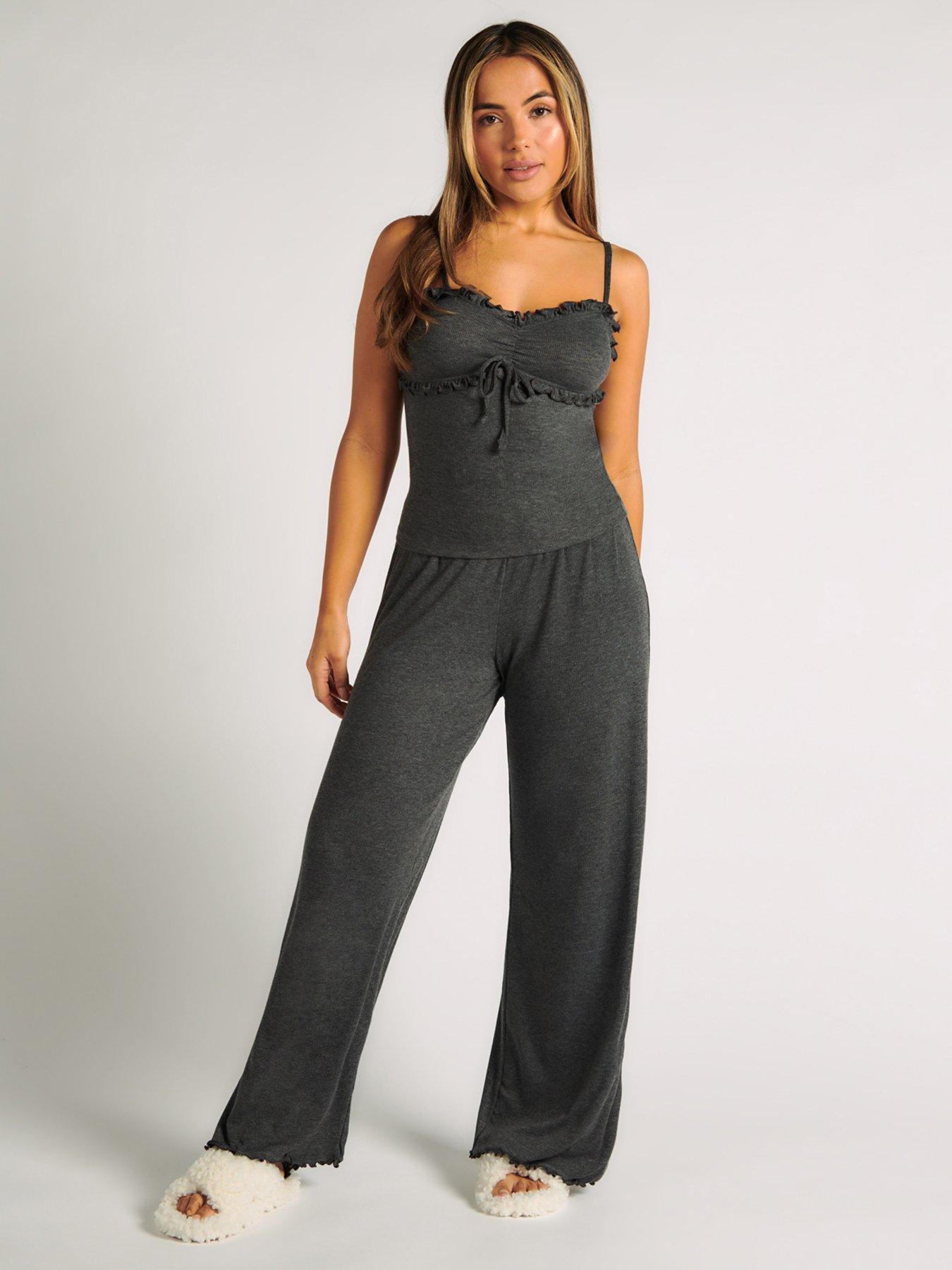 Image 1 of 5 of Boux Avenue Rib Frill Cami &amp; Pant Set - Charcoal