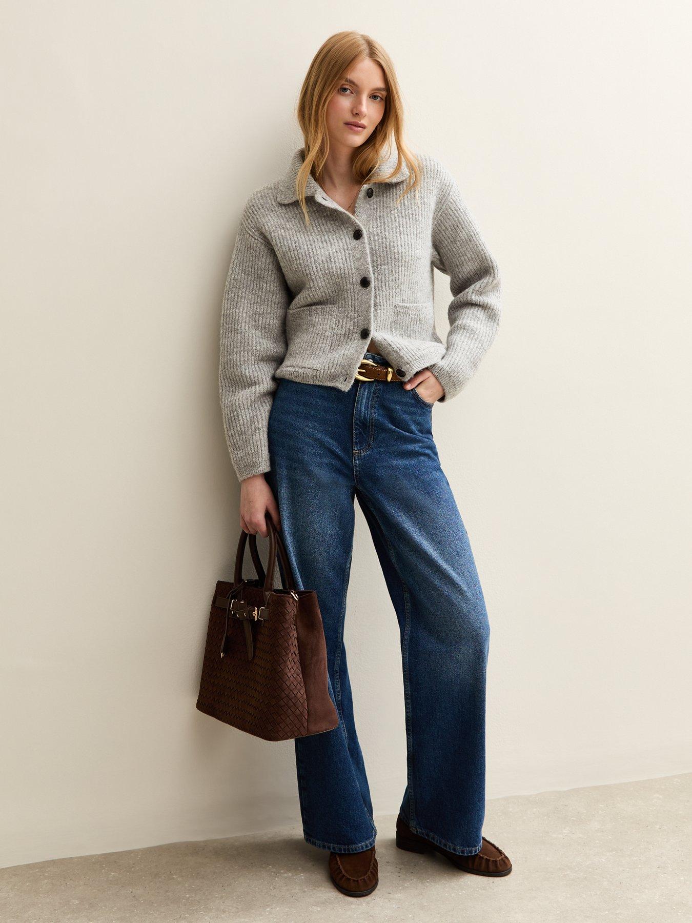 New Look Knit Collared Button Through Cardigan - Grey