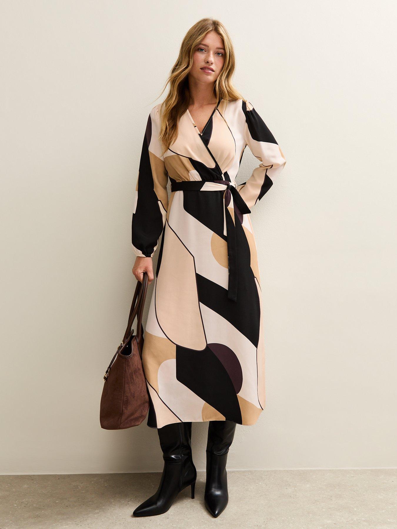 new-look-geometric-print-wrap-midi-dress-brown