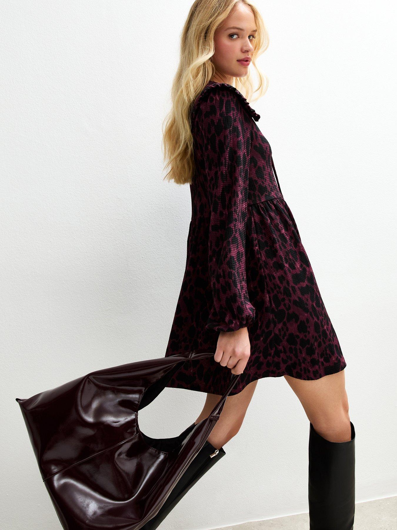 Image 1 of 4 of New Look Dark Red Animal Print Oversized Collar Mini Dress
