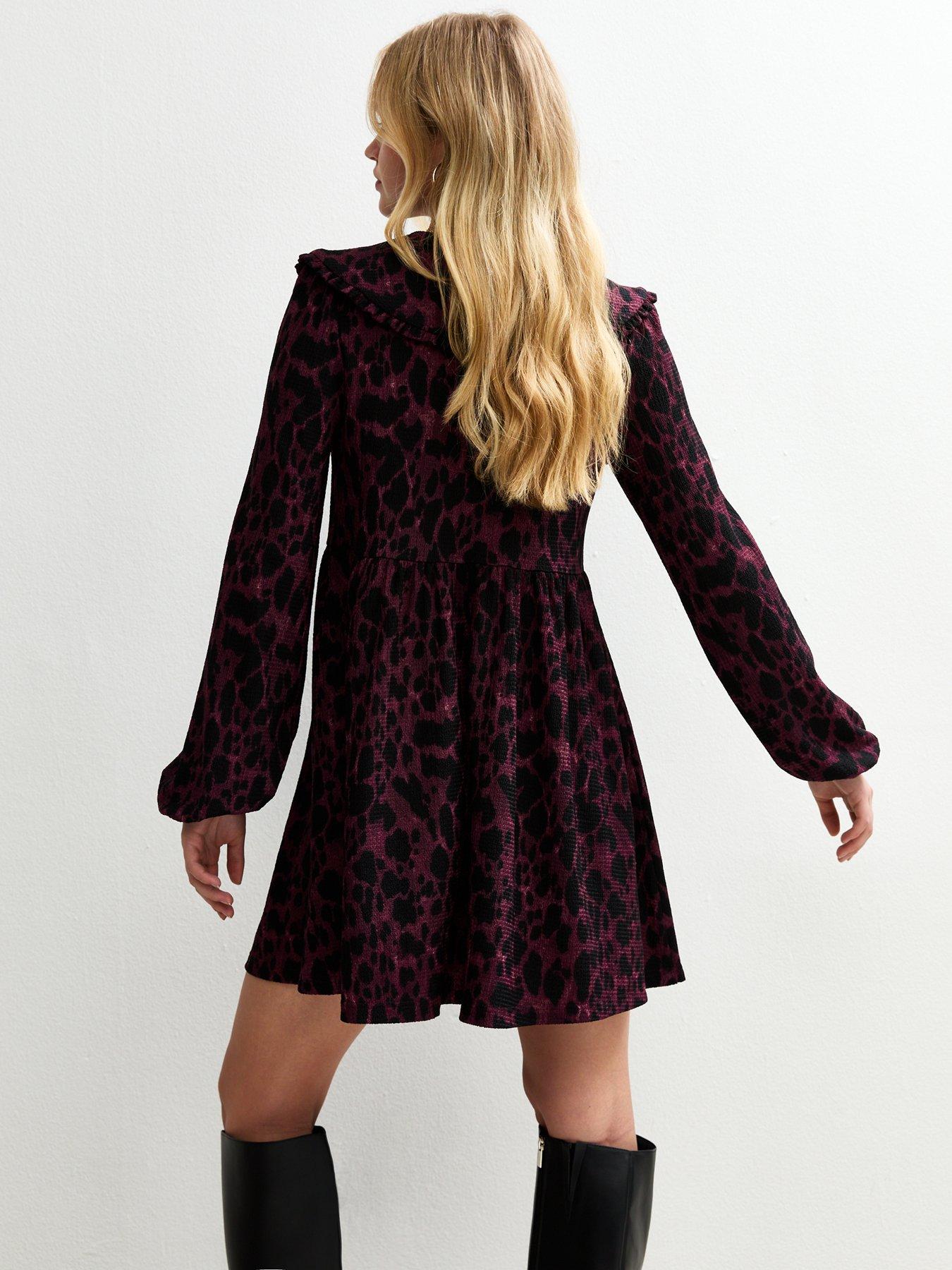 Image 2 of 4 of New Look Dark Red Animal Print Oversized Collar Mini Dress