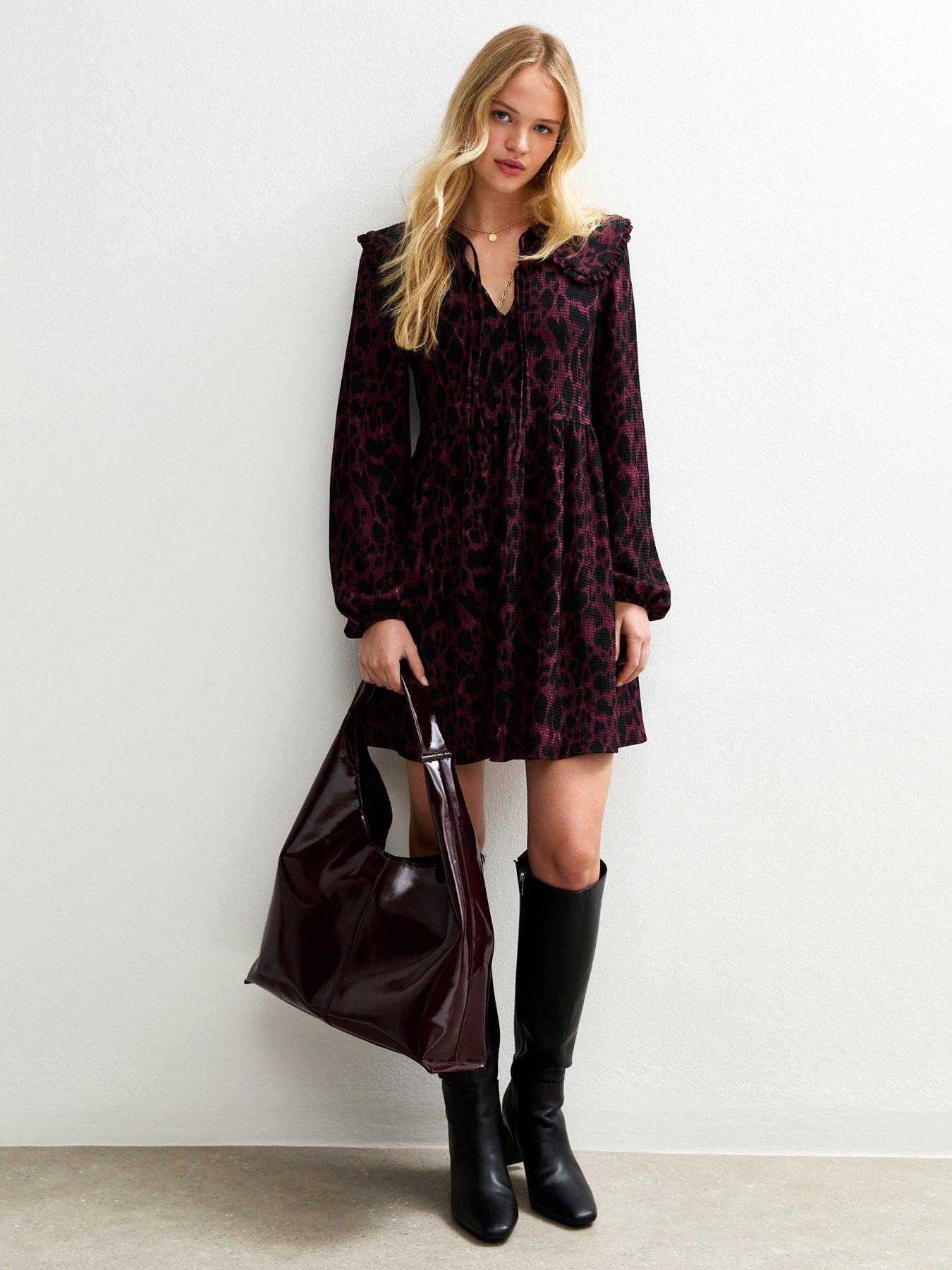 Image 3 of 4 of New Look Dark Red Animal Print Oversized Collar Mini Dress